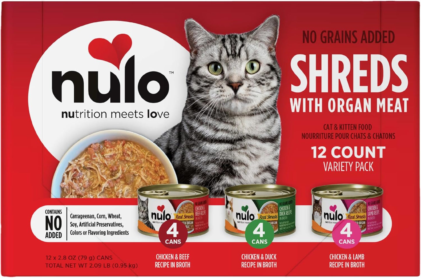 Nulo Real Shreds with Organ Meat Wet Canned Cat Food, Variety Flavors, 2.8 Ounce, 12 Cans
