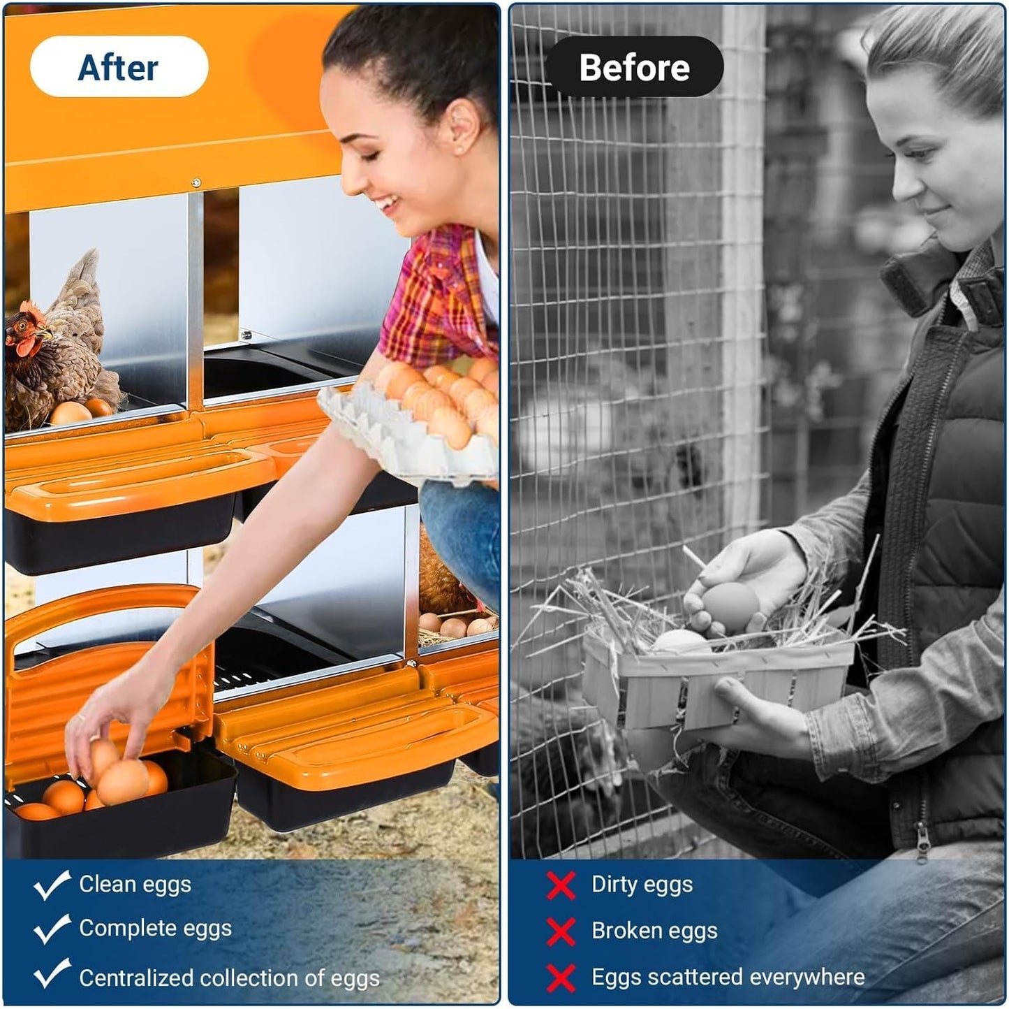 Chicken Nesting Boxes, 6 Hole Metal Chicken Laying Box with with Removable Trays and Roll Out Egg Collection for Chicken Coop, with Metal Bracket, Orange