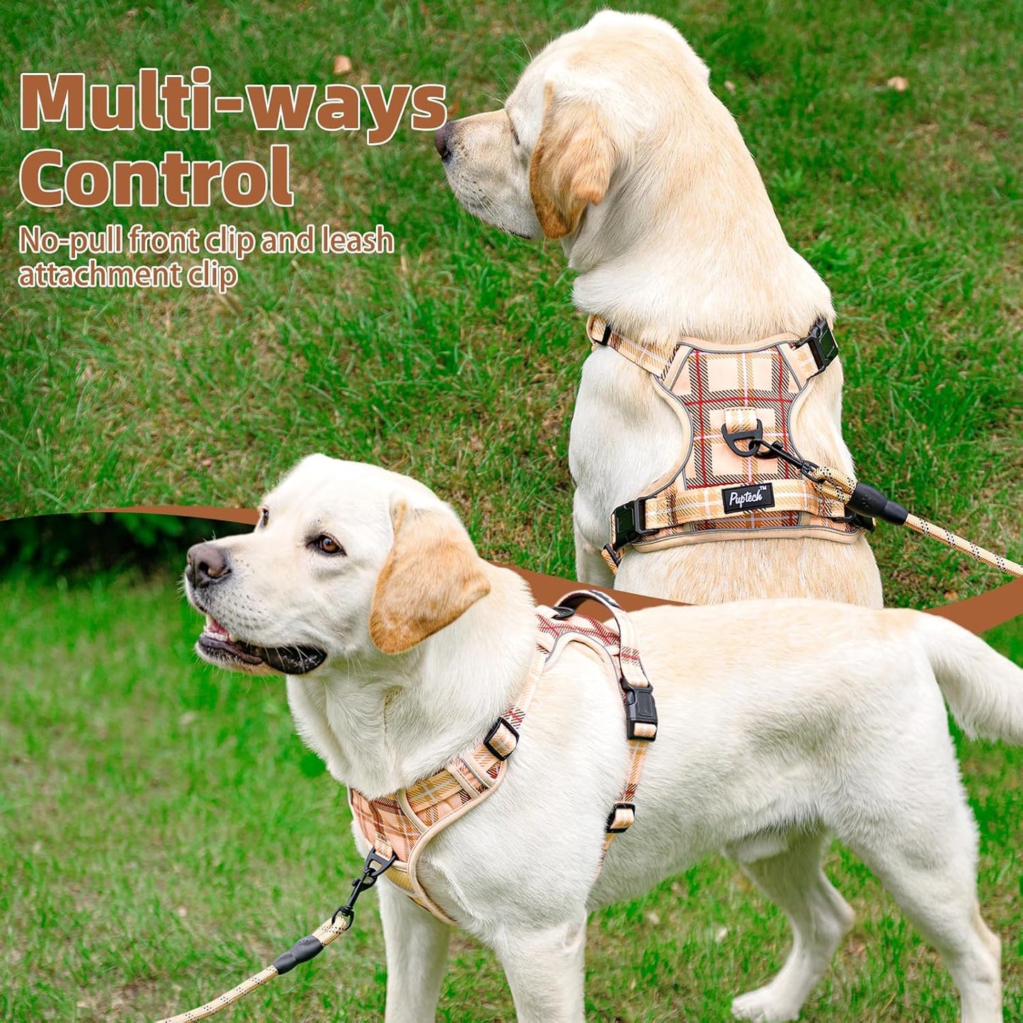 PUPTECK No Pull Dog Harness for Large, Adjustable Reflective Dog Harness with Handle Easy Control, Comfortable Soft Padded Pet Vest Harness for Large Dogs, Plaid Beige L