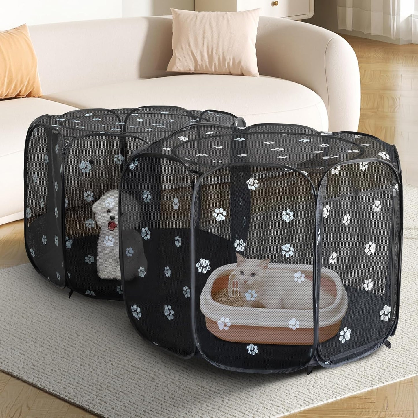 2-in-1 Cat Playpen, Pop Up Dog Pet Playpen for Indoor Outdoor Cats Enclosed, Portable Pet Playpen, Kitten Puppy Foldable Play Pen Cat Dog Tent Crate Cage Kennel(No Divider, Unified Space)