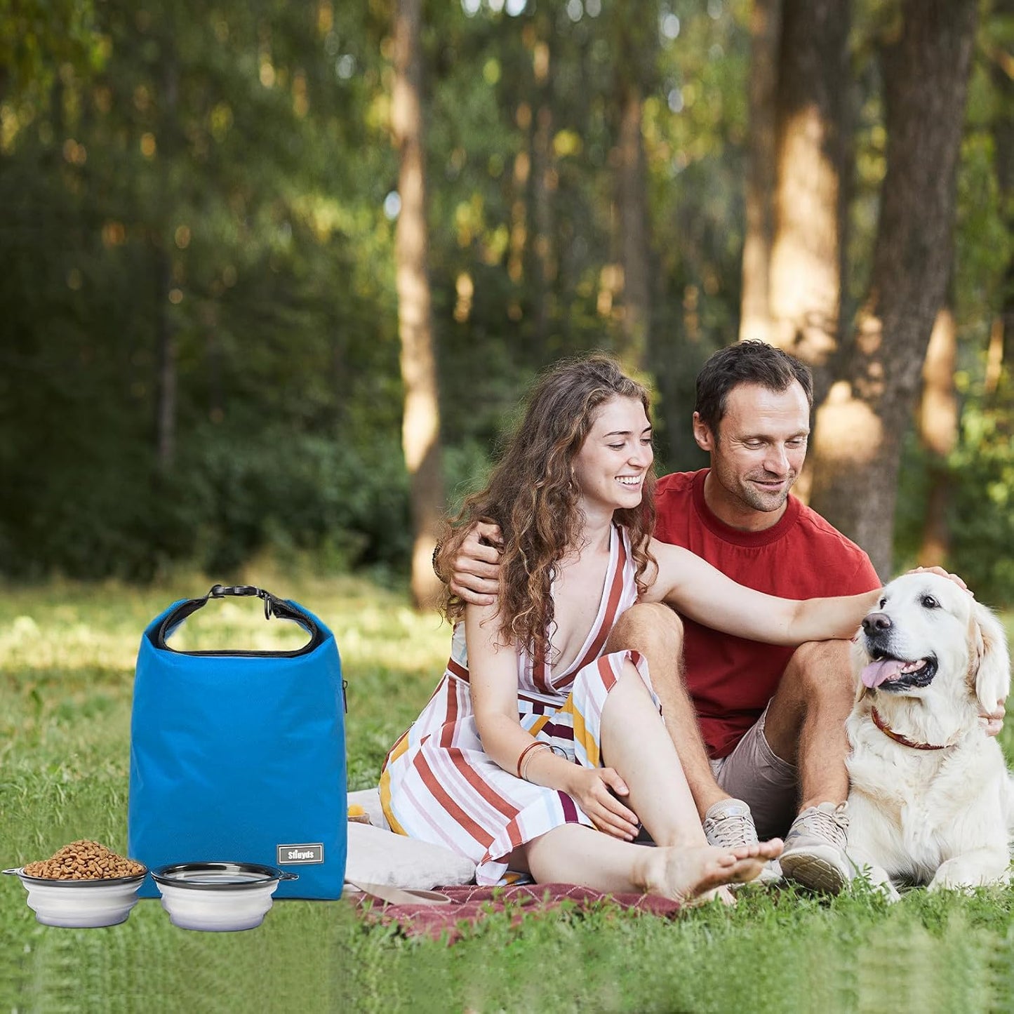 Pet Food Storage Bag,Dog Storage Organizer Bag w/2PCS Collapsible Dog Travel Bowls and Zipper Side Pocket for Home(Blue, Large)