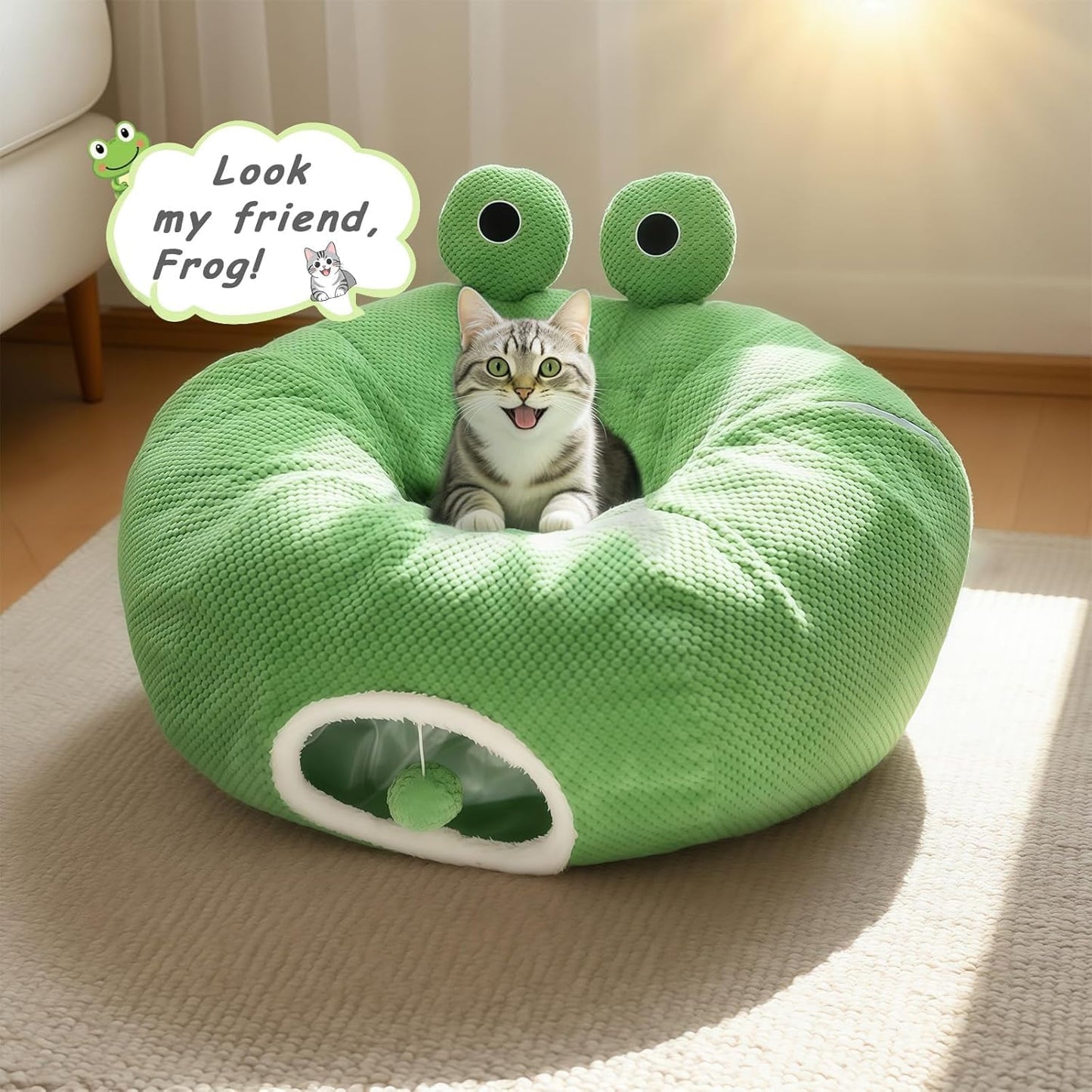 Cat Tunnel Bed for Indoor Cats, Peekaboo Cat Cave Bed,Soft Cat Donut Tunnel for Kitten Large Cats, Cute Frog Shaped