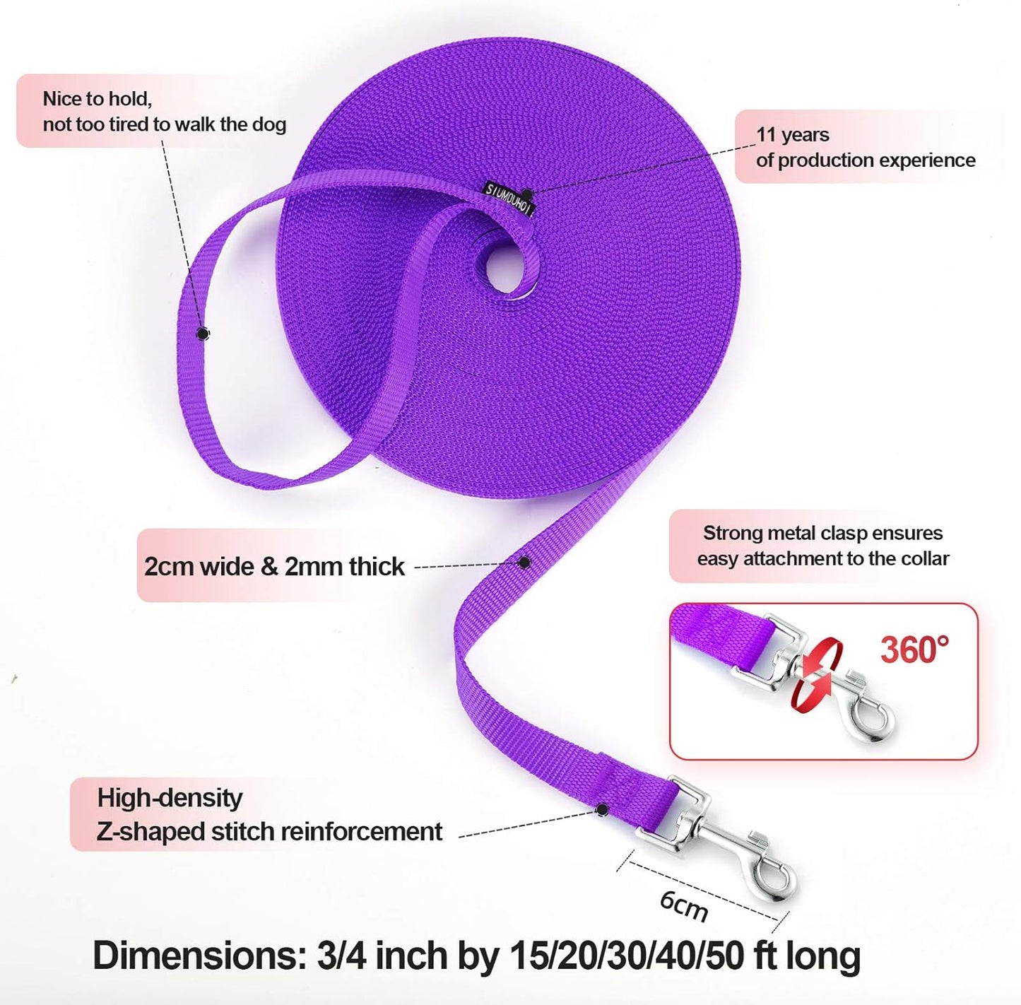 Dog/Puppy Obedience Recall Training Agility Lead - 30ft Long Training Leash，3/4in Wide - Great for Play, Camping, or Backyard（Purple 30 Feet