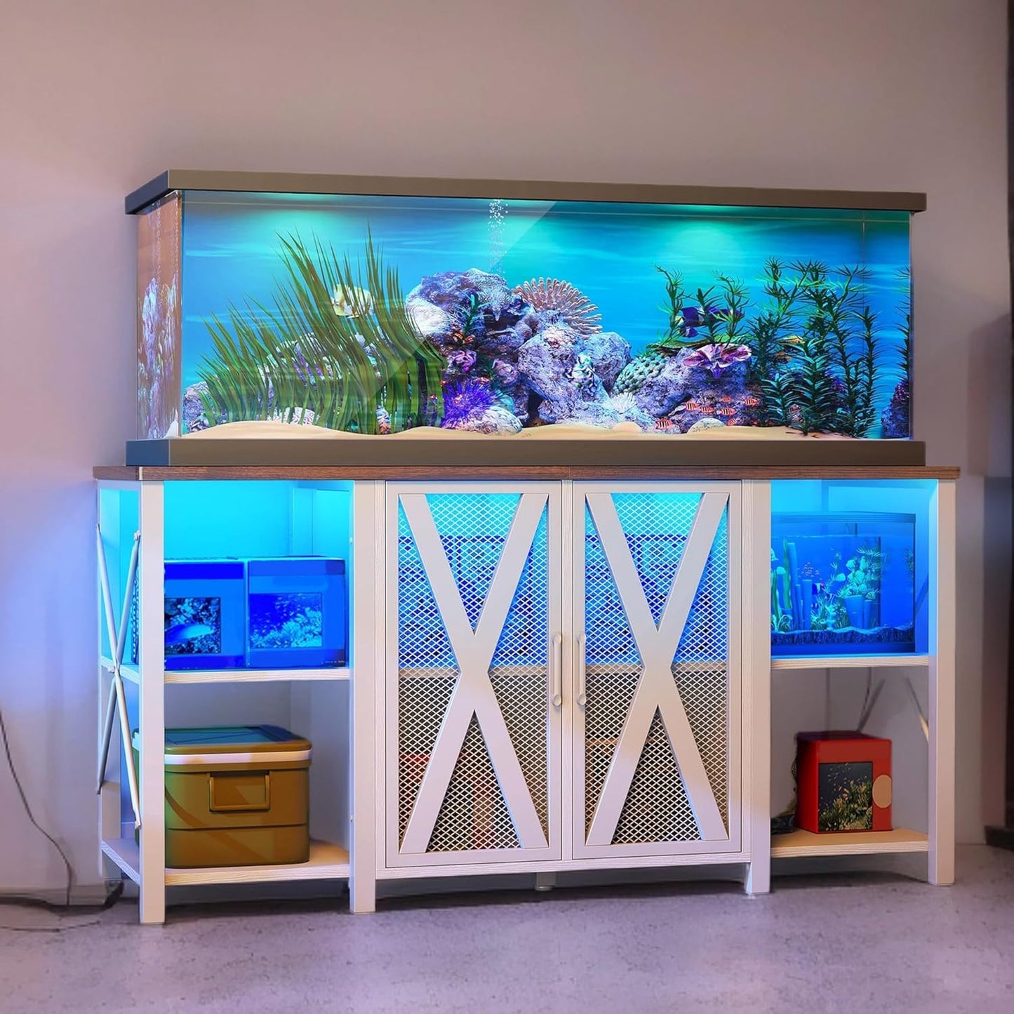 YITAHOME 90-120 Gallon Reptile Tank Stand with Power Outlet & LED Light, Heavy Duty Aquarium Stand with Accessories Storage Cabinet - Metal Fish Tank Stand for Turtle, Reptile, 2000LBS Capacity, White