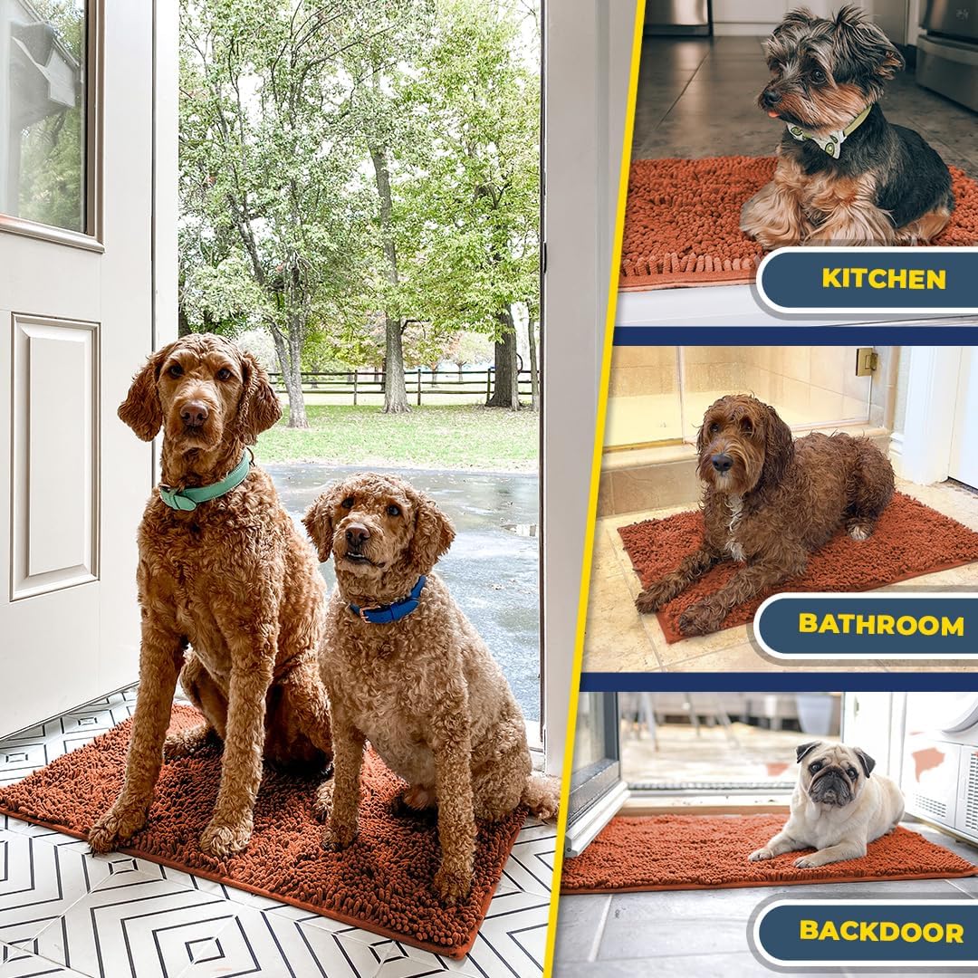Muddy Mat® AS-SEEN-ON-TV Highly Absorbent Microfiber Dog Door Mat and Pet Rug, Non Slip Thick Washable Area and Bath Mat Soft Chenille for Kitchen Bathroom Bedroom and Indoor - Orange Large 35"X24"