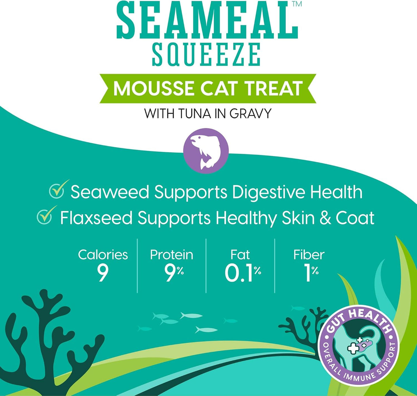 SeaMeal Squeeze Tuna Lickable Cat Treats with Seaweed for Skin & Coat - Wet Cat Treats with Digestive & Immune Health Support - Natural, Holistic, Grain Free (48 Squeezes)