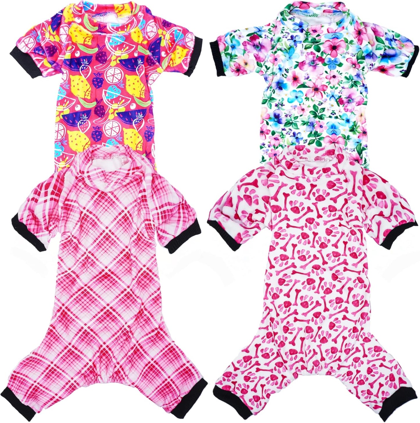 PET SHOW 4 Pack Small Dog Pajamas Cute Paw Bone Clothes for Medium Dogs Soft Stretchy PJs Plaid Jumpsuit Puppy Cats Floral Fruits Onesies Outfits with Sleeve Pets Dachshund Costume(L, Pink for Girls)