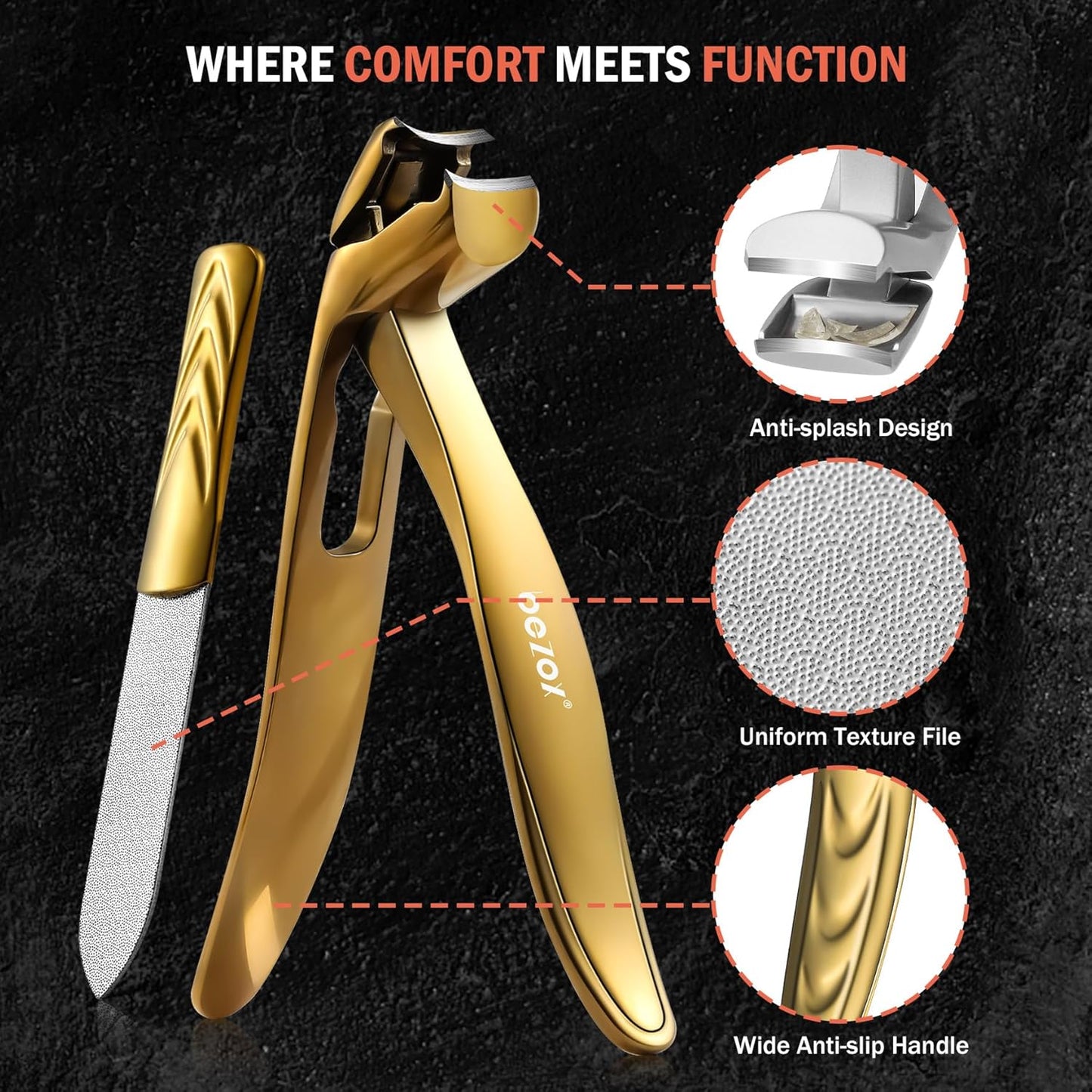 BEZOX Ergonomic Angled Head Thick Toenail Clipper for Seniors - Large Nail Clippers for Thick and Ingrown Nails with Metal Nail File, Premium Nail Cutter Fingernail Clipper for Men and Women - Golden