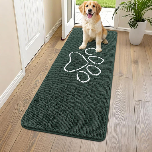 Smiry Dog Door Mat for Muddy Paws, Absorbent Dirt Trapper Non Slip Quick Dry Washable Chenille Mat for Mud Dogs, Entry Rug for Indoor and Outdoor (59x24 Inches, Green)