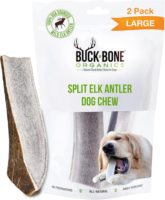 Buck Bone Organics Dog Chews, Elk Antlers for Dogs, Long Lasting Dog Bones for Aggressive Chewers, All Natural, No Preservatives, Wild Shed in The USA (Large 2 Pack)