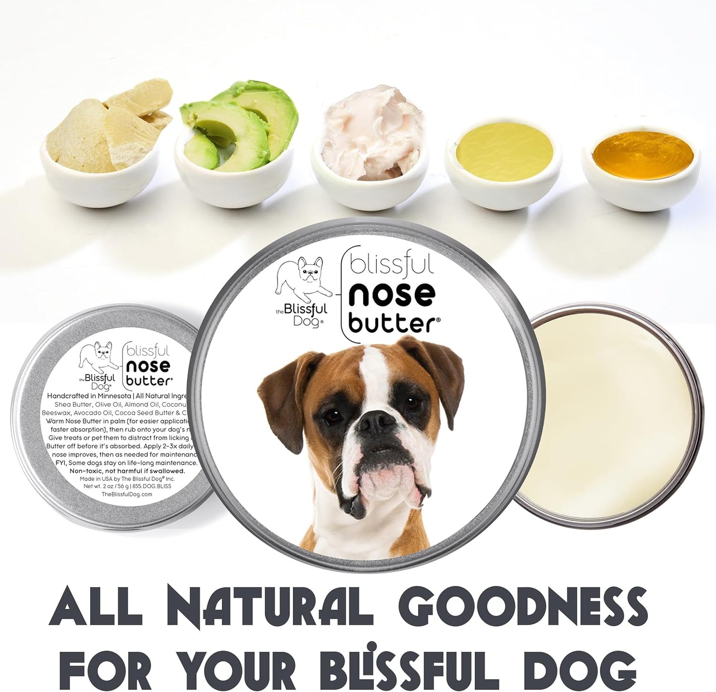 The Blissful Dog Fawn Boxer Nose Butter for Dry, Cracked Skin, Lick-Safe Dog Nose Balm with Moisturizing Shea Butter, Almond, Olive, and Essential Oils, Pet Supplies, Uncented, 8 oz.
