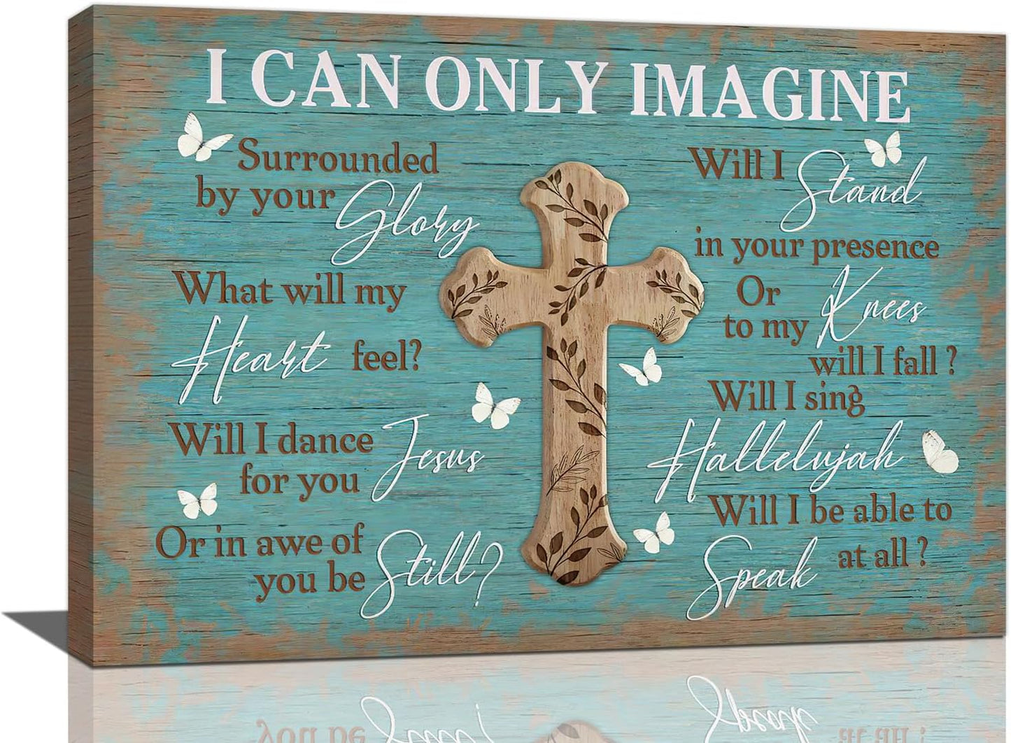 Rustic Christian Cross Wall Art I Can Only Imagine Pictures Farmhouse Butterfly Wall Decor Teal Motivational Canvas Print Painting Artwork for Bathroom Living Room Bedroom 16"x24"