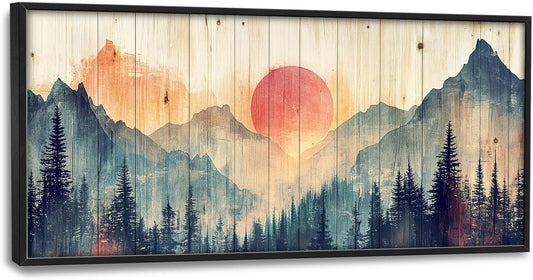Framed Large Cabin Mountain Wall Art for Living Room, Oversized Rustic Forest Wall Decor, Rustic Nature Landscape Canvas Painting Sunset Pictures Home Decoration for Bedroom Office 60"x30"