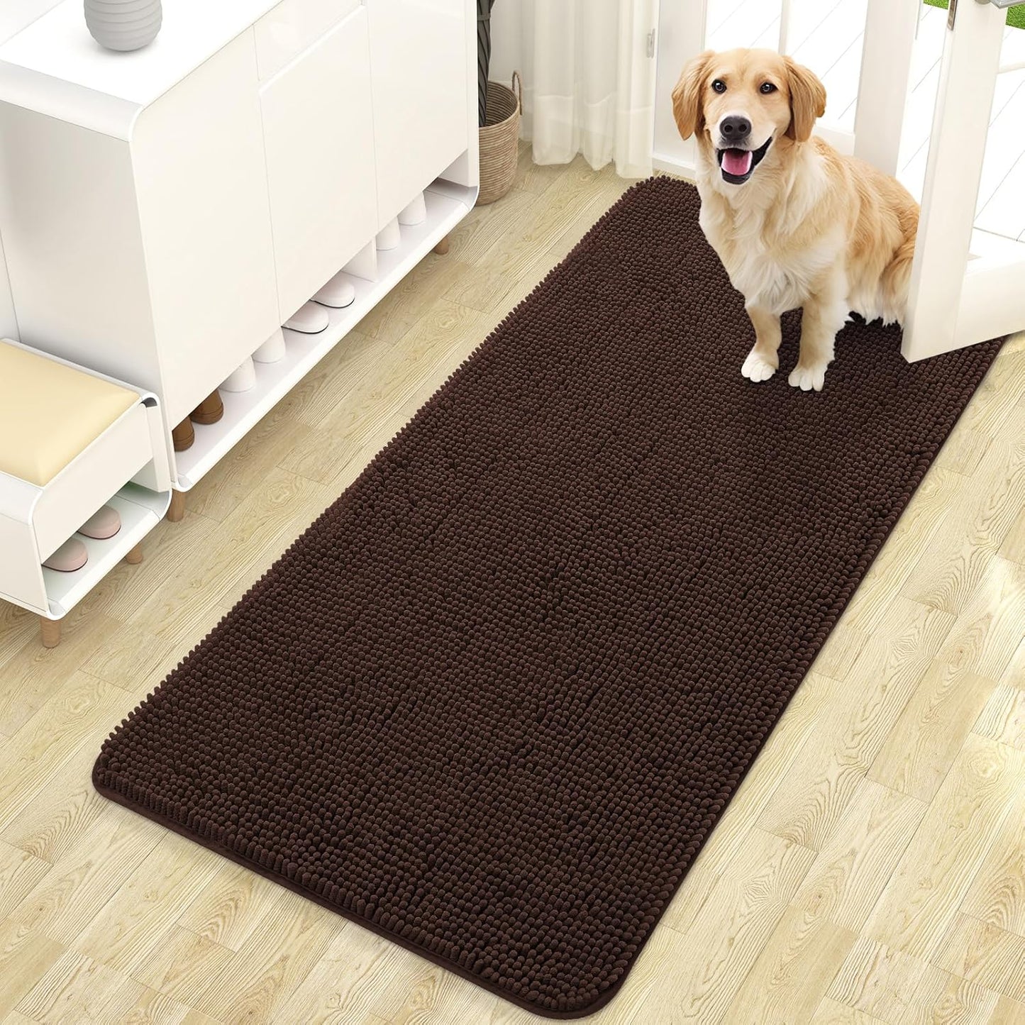 OLANLY Dog Door Mat for Muddy Paws 47x24, Absorbs Moisture and Dirt, Absorbent Non-Slip Washable Doormat, Quick Dry Chenille Mud Mat for Dogs, Entry Indoor Entryway Carpet for Inside Floor, Brown