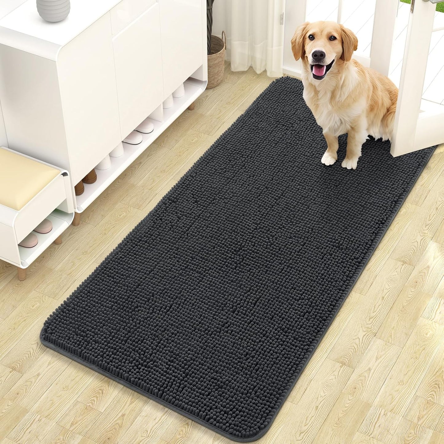 OLANLY Dog Door Mat for Muddy Paws 47x24, Absorbs Moisture and Dirt, Absorbent Non-Slip Washable Doormat, Quick Dry Chenille Mud Mat for Dogs, Entry Indoor Entryway Carpet for Inside Floor, Dark Grey