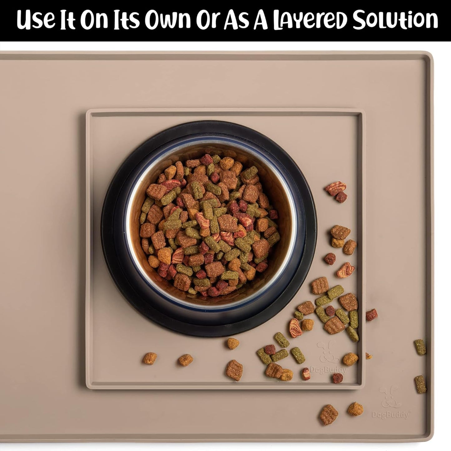 DogBuddy Dog Food Mat – Waterproof Dog Bowl Mat for Food and Water, Silicone Pet Feeding Mats for Floors, Non-Slip Placemat with High Edges for Dogs Bowls, Puppy Essentials (XS: 11" x 11", Taupe)