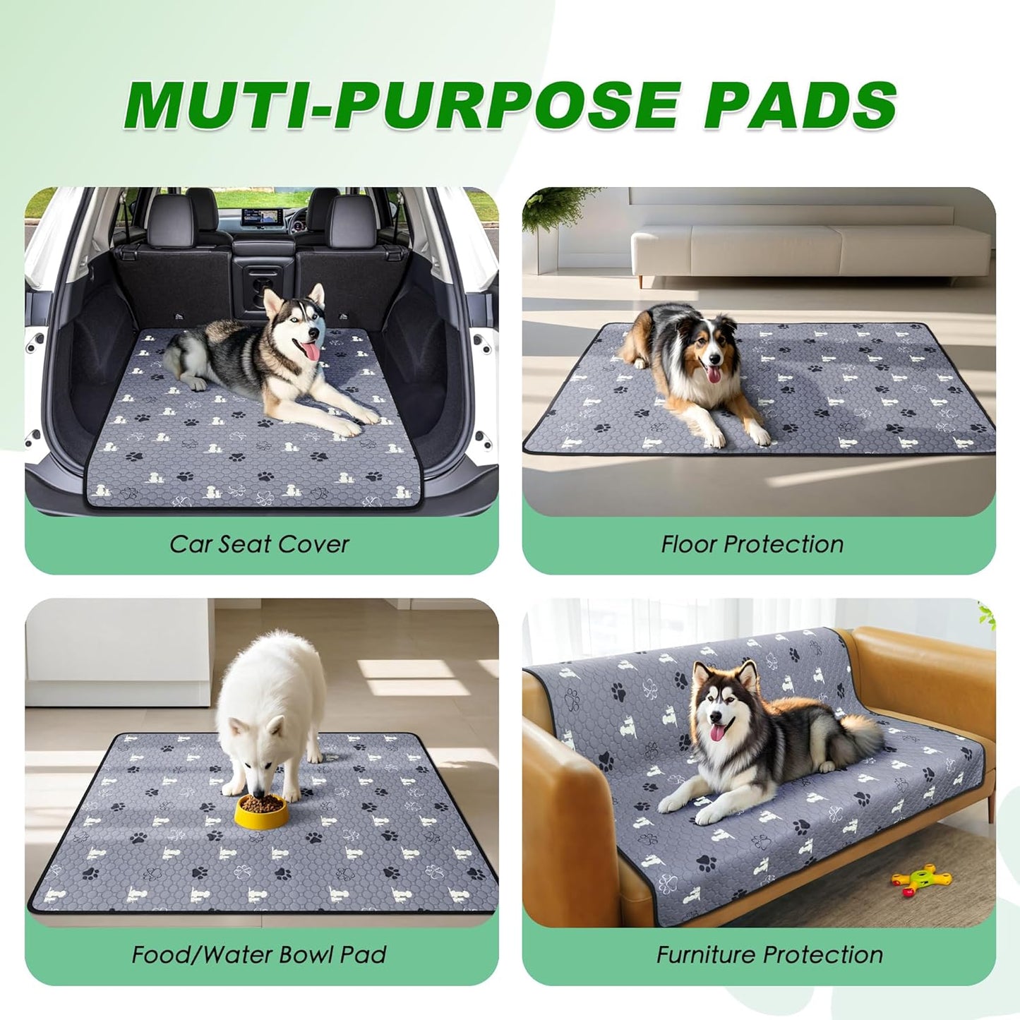 Washable Pee Pads for Dogs Mat, 2 Pack Absorbent Reusable Training Dog Pads Pet Puppy Pads, Non-Slip Potty Pads for Whelping, Playpen, Crate, Bed, Grey 34"x52"