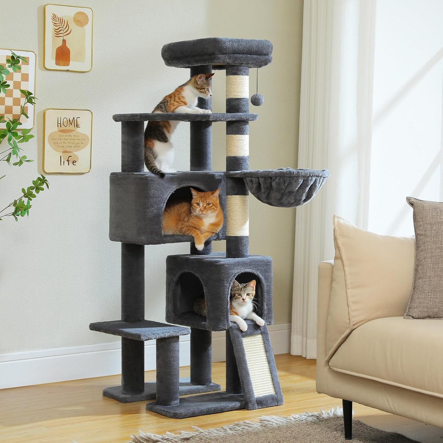 PAWZ Road Cat Tree, 51.6 Inches Cat Tower with Dual Condos, Spacious Perch, Cozy Basket and Sisal-Covered Scratching Posts for Indoor Cats- Dark Gray