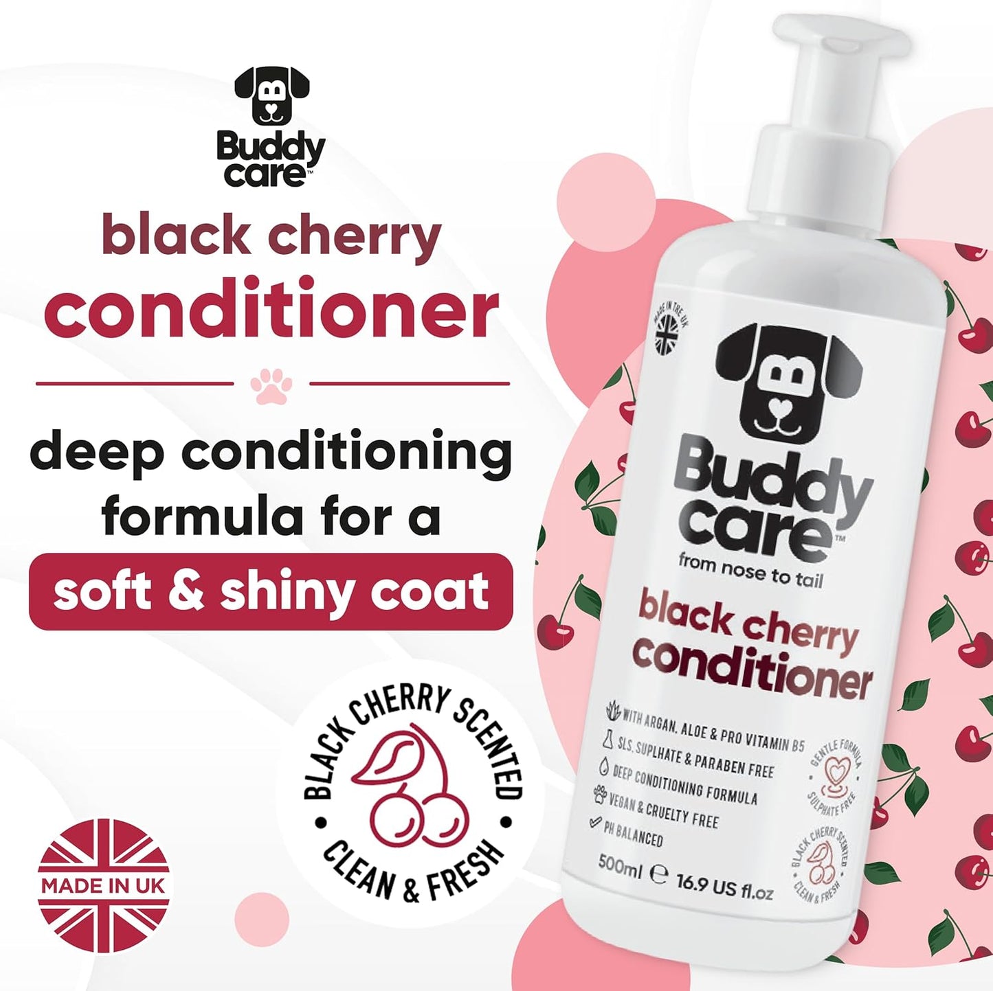 Black Cherry Dog Conditioner (16.90oz) Made with Aloe Vera, Argan Oil & Pro Vitamin B5 | Detangle Matted Coats & Relieve Sensitive & Itchy Skin, Suitable for Puppies from 8 Weeks, Vegan