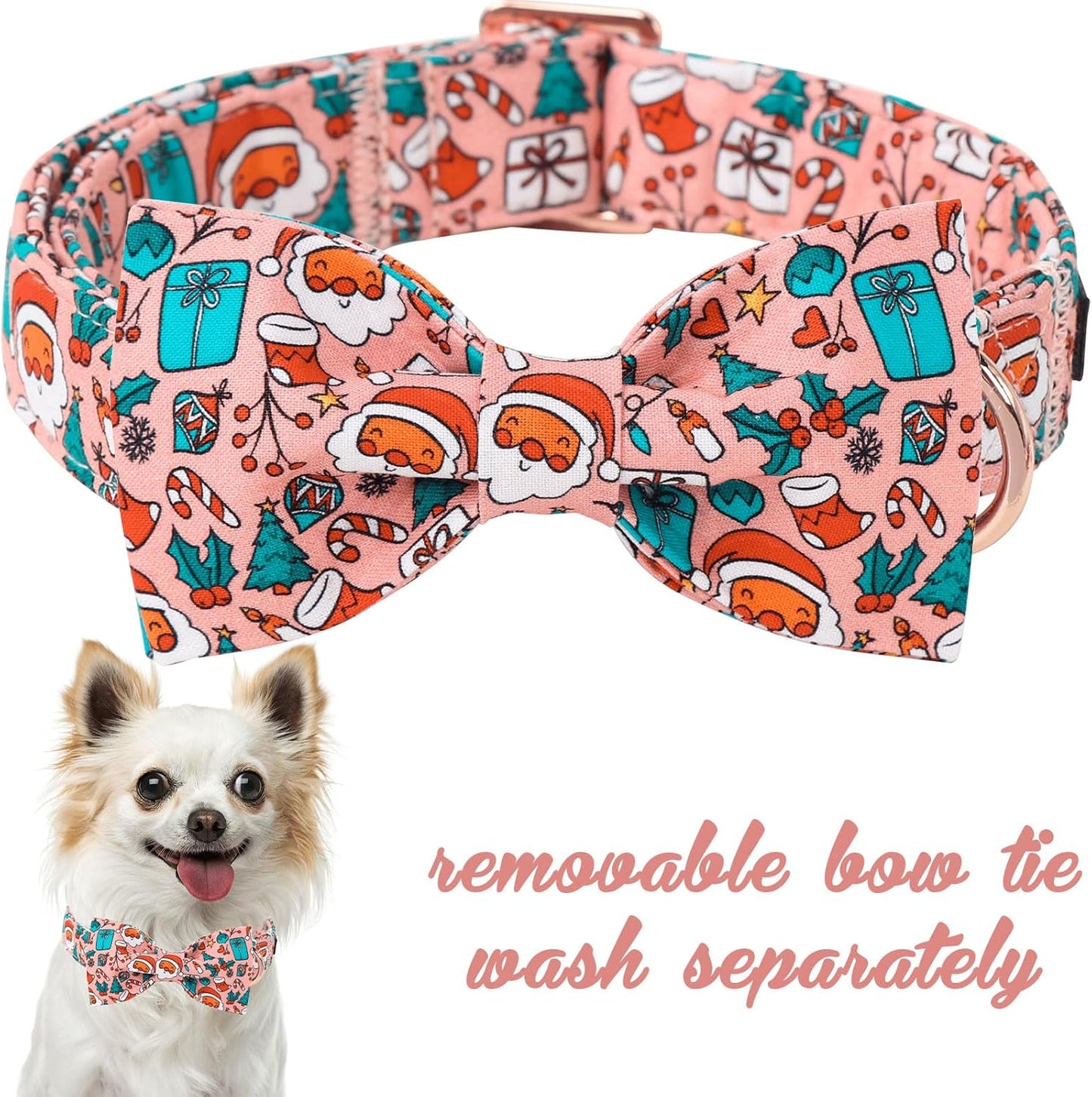Unique Style Paws Christmas Day Dog Collar with Bow Pink Christmas Man Cotton Puppy Collars for Small Medium Large Dogs