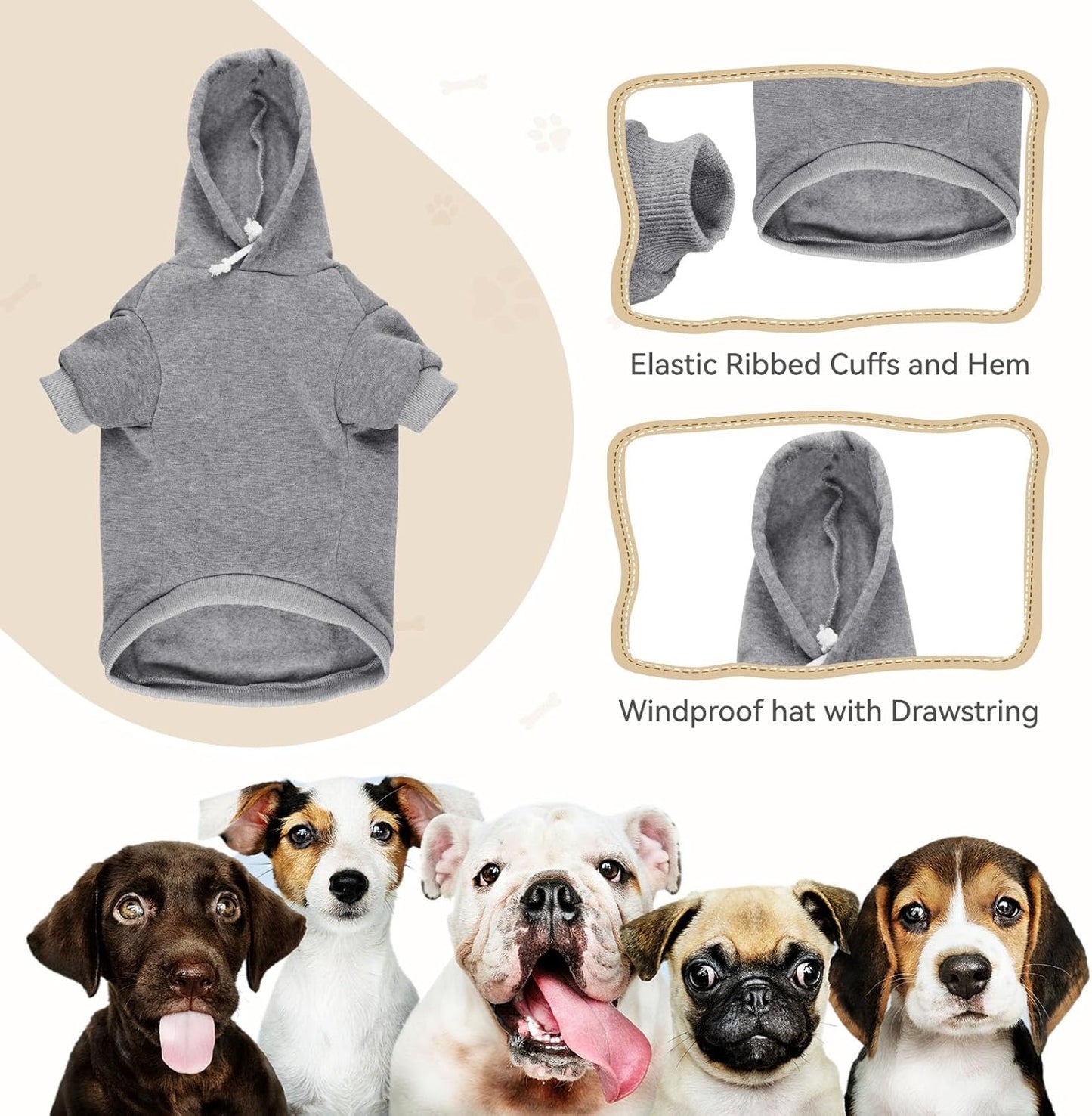 Dog Hoodie Sweater Solid Soft Brushed Fleece Dog Clothes with Pocket (Grey-XS)