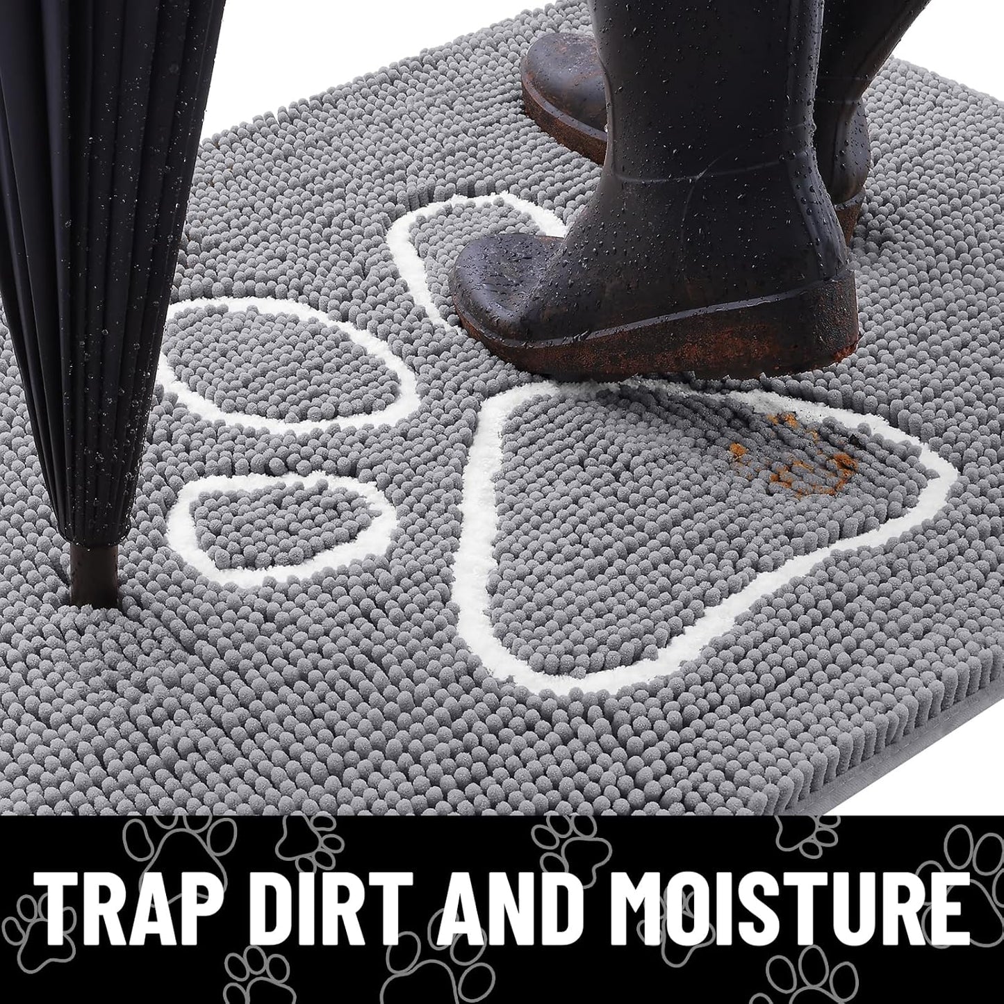Smiry Dog Door Mat for Muddy Paws, Absorbent Dirt Trapper Non Slip Quick Dry Washable Chenille Mat for Mud Dogs, Entry Rug for Indoor and Outdoor (30x20 Inches, Grey and White)