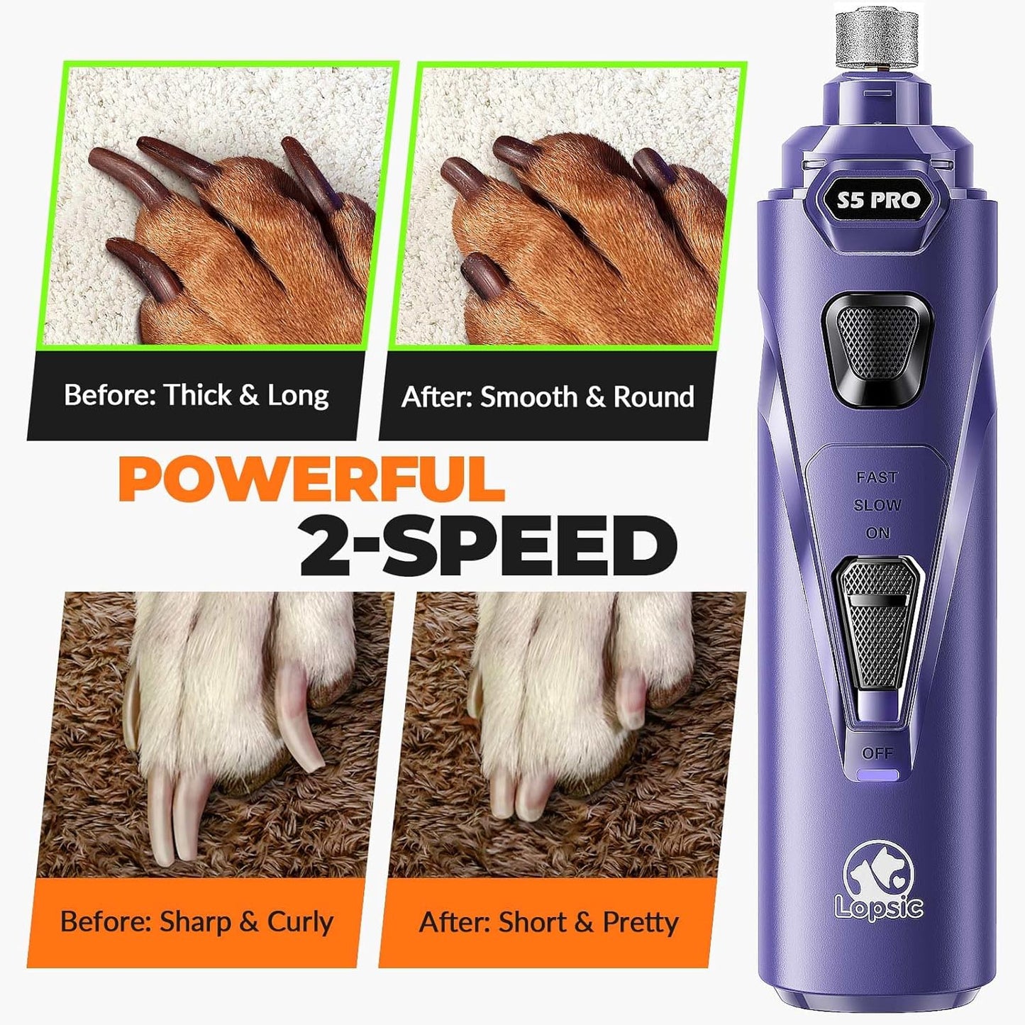 Dog Nail Grinder with 2 LED Lights Powerful 2 Speeds Super Quiet Dog Nail Trimmers with 3 Grinding Wheels Rechargeable Pet Dog Nail Clippers for Large Medium Puppy Dogs Dog Nail File Cat Nail Clipper
