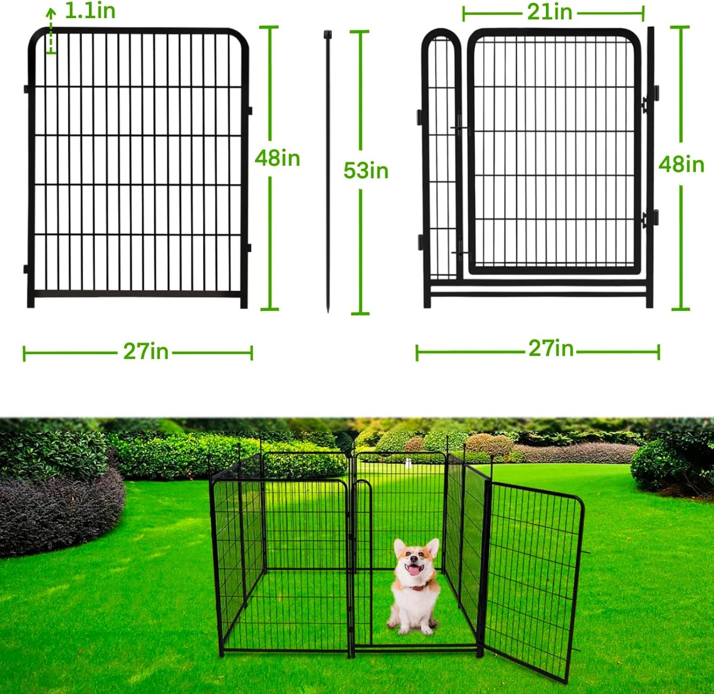 Tall Garden Fence Animal Barrier,Wide Gate Low Threshold Fence Panels, 48in(H) 4 Panels Total 8.9 Ft(L) Flower Bed Fencing, Heavy Metal Dog Fence Outdoor for Yard