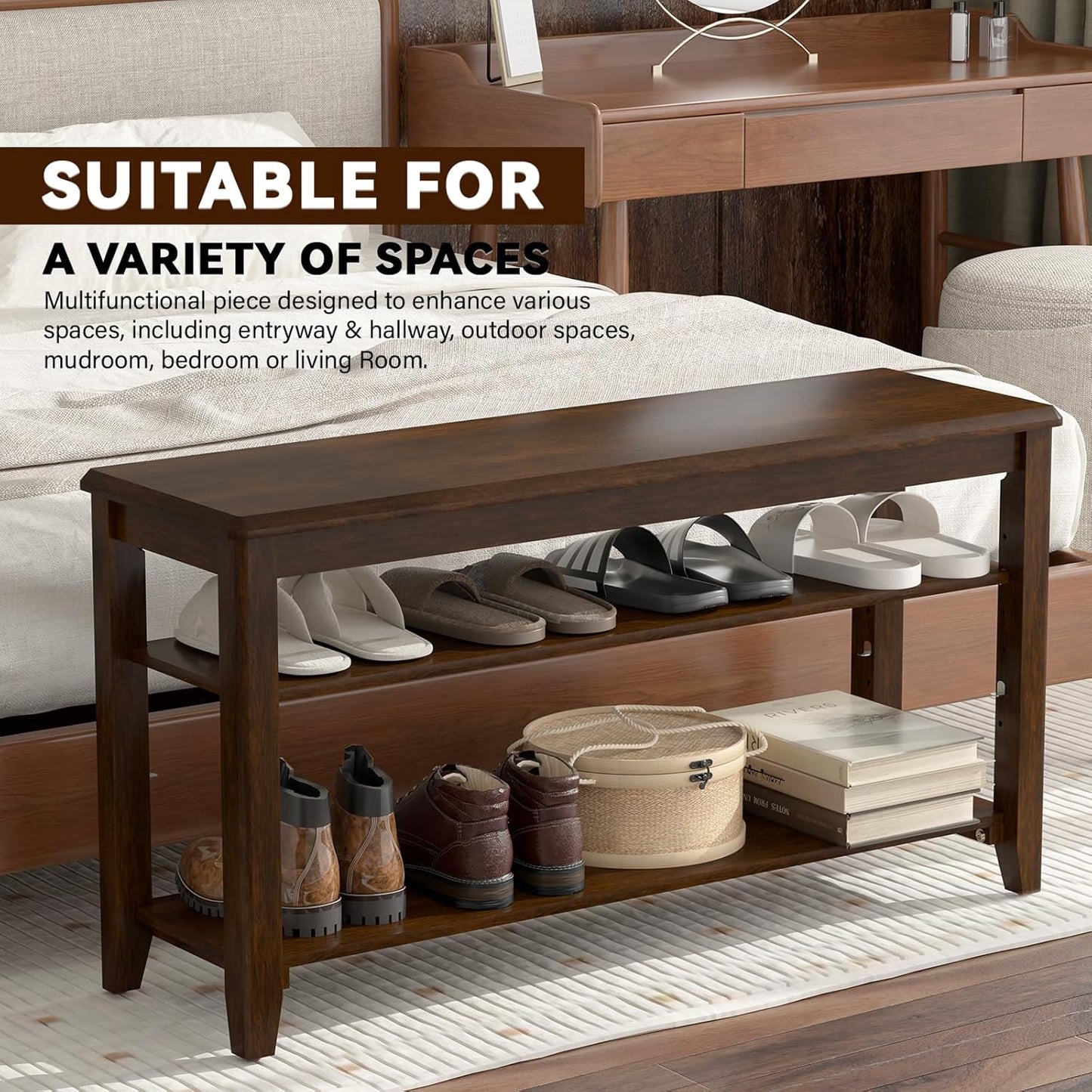 Shoe Bench Storage Rubberwood, Entryway Bench with 3-Tiers Height Adjustable, Shoe Rack Front Door Entrance Organizer for Hallway Living Room, Mudrooms, Walnut,31.5"