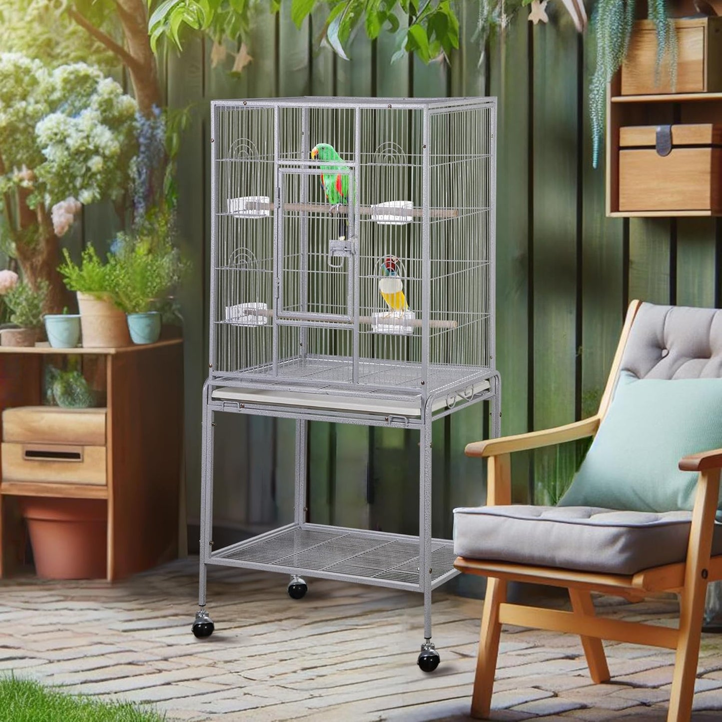 ZENY 53-Inch Bird Flight Cage, Wrought Iron Standing Large with Rolling Stand for Cockatiels Pet Parrot Parakeet Lovebird Canary Finch (White)
