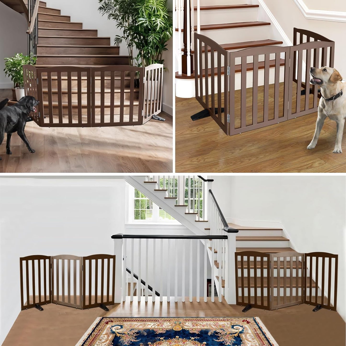 ZJSF Foldable Freestanding Indoor Dog Gate for House Wood Long Pet Gates Dog Fence for Stairs Puppy Gates for Hallways, Puppy Gate,Support Feet Included, Brown, 32 "Height-3 Panels