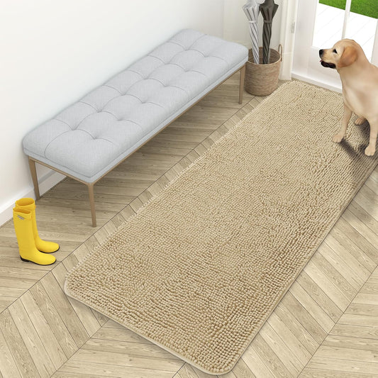 OLANLY Dog Door Mat for Muddy Paws 59x24, Absorbs Moisture and Dirt, Absorbent Non-Slip Washable Doormat, Quick Dry Chenille Mud Mat for Dogs, Entry Indoor Entryway Carpet for Inside Floor, Beige