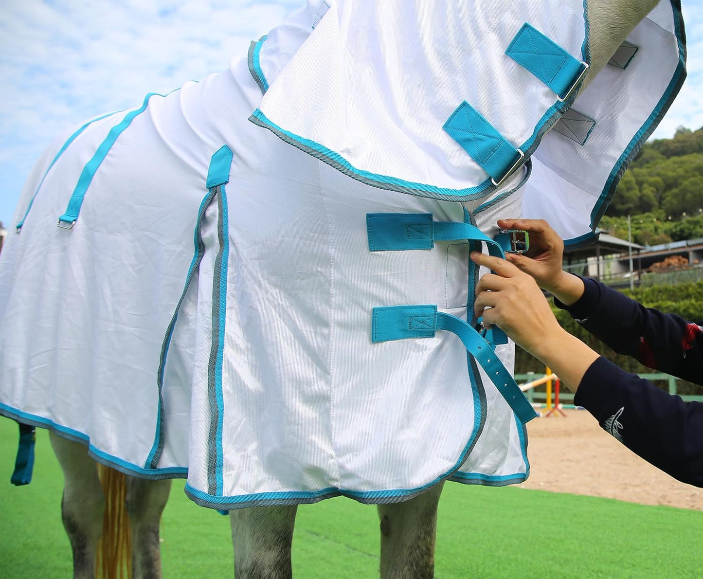 Horse Fly Sheet with Detachable Neck Cover & Belly Wrap, Adjustable Fly Sheet for Horses, Ventilated Airflow Mesh Equine Cooling Summer Flysheet White 75