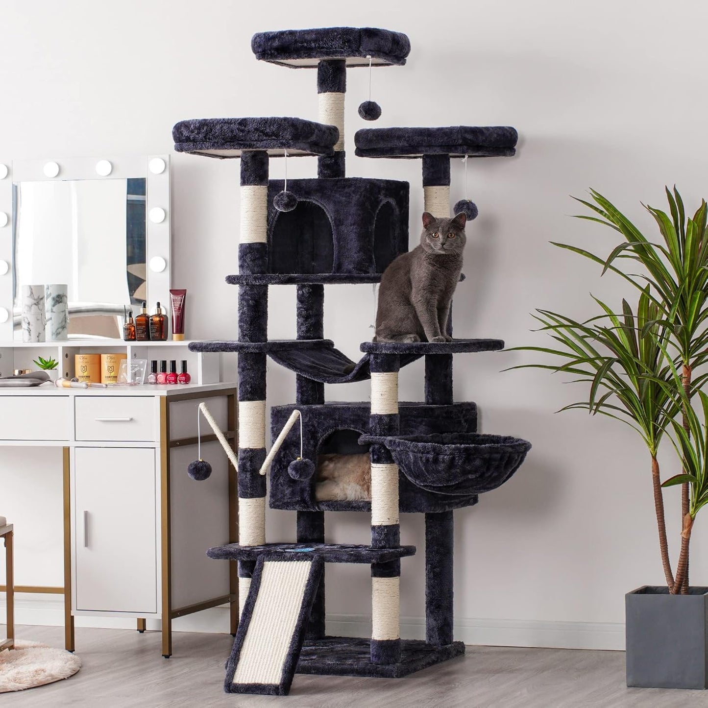 Hey-brother Cat Tree, 71 inches XL Large Cat Tower for Indoor Cats, Multi-Level Cat House with 3 Padded Perches, Big Scratcher, Cozy Basket, 2 Cat Condos and Scratching Posts, Smoky Gray MPJ034G