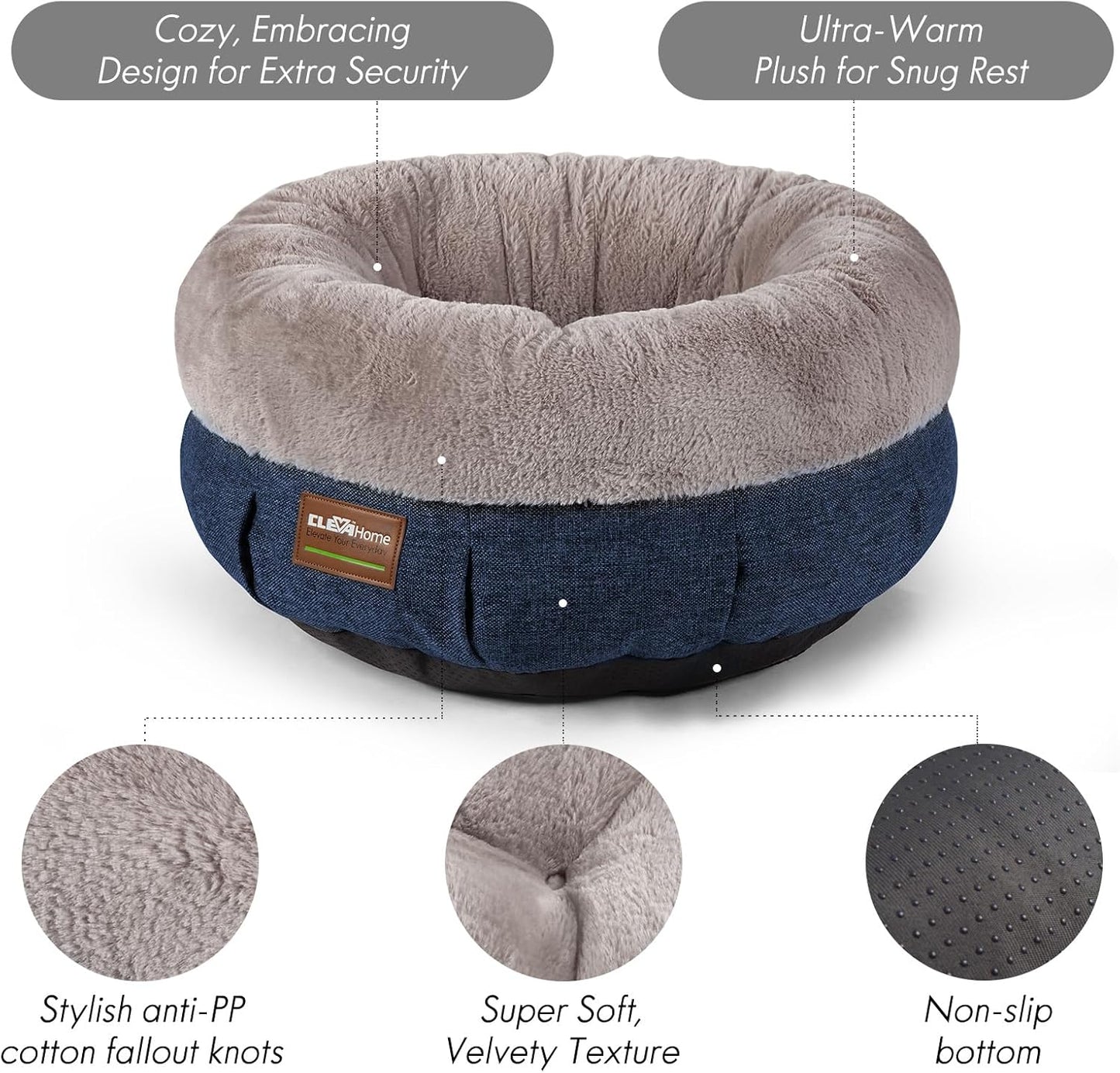 ClevaHome Cozy Cat Bed - Ultra-Soft Plush Pet Bed with Raised Sides and Anti-Slip Base, Comfortable Round Bed for Small Pets up to 11 lbs