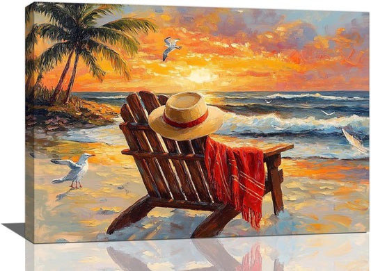 Beach Coastal Bathroom Pictures Wall Art, Seaside Ocean Bathroom Wall Decor, Sunrise Palm Framed Painting Canvas Artwork for Bedroom Living Room Decorations 24"L x 16"W