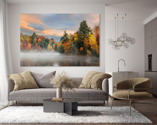 Nature Wall Art Prints - Ocean Forest Mountain Lake Canvas Landscapes - Small to Extra Large Living Room Bedroom Kitchen Bathroom Décor (Misty Fall Reflection, 16L" x 24W")
