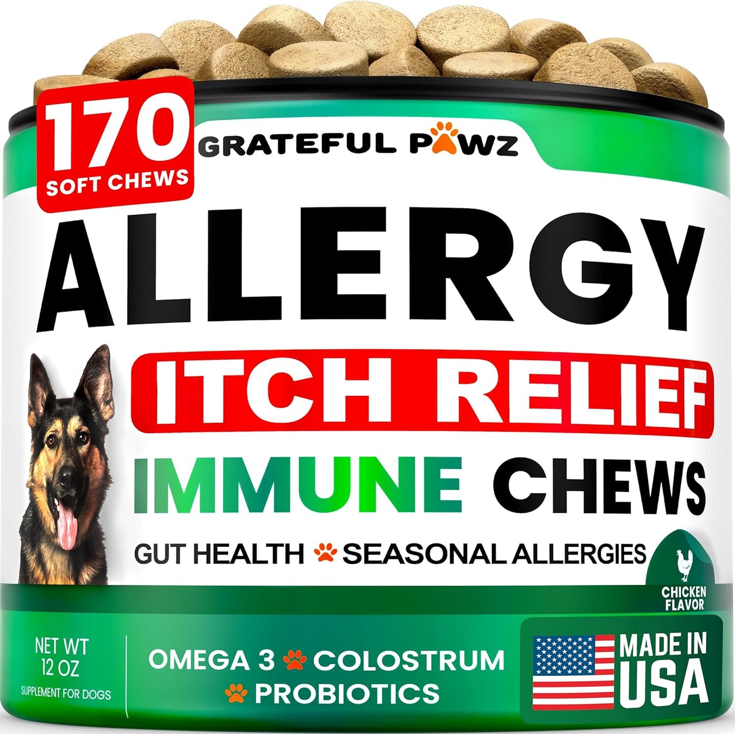Dog Allergy Relief Chews - Dog Itching Skin Relief Treatment - 170 Chews - Anti-Itch, Hot Spots, Paw Licking - Immune Health - Omega 3 Fish Oil - Dry Itchy Skin and Coat Supplement - Made in USA