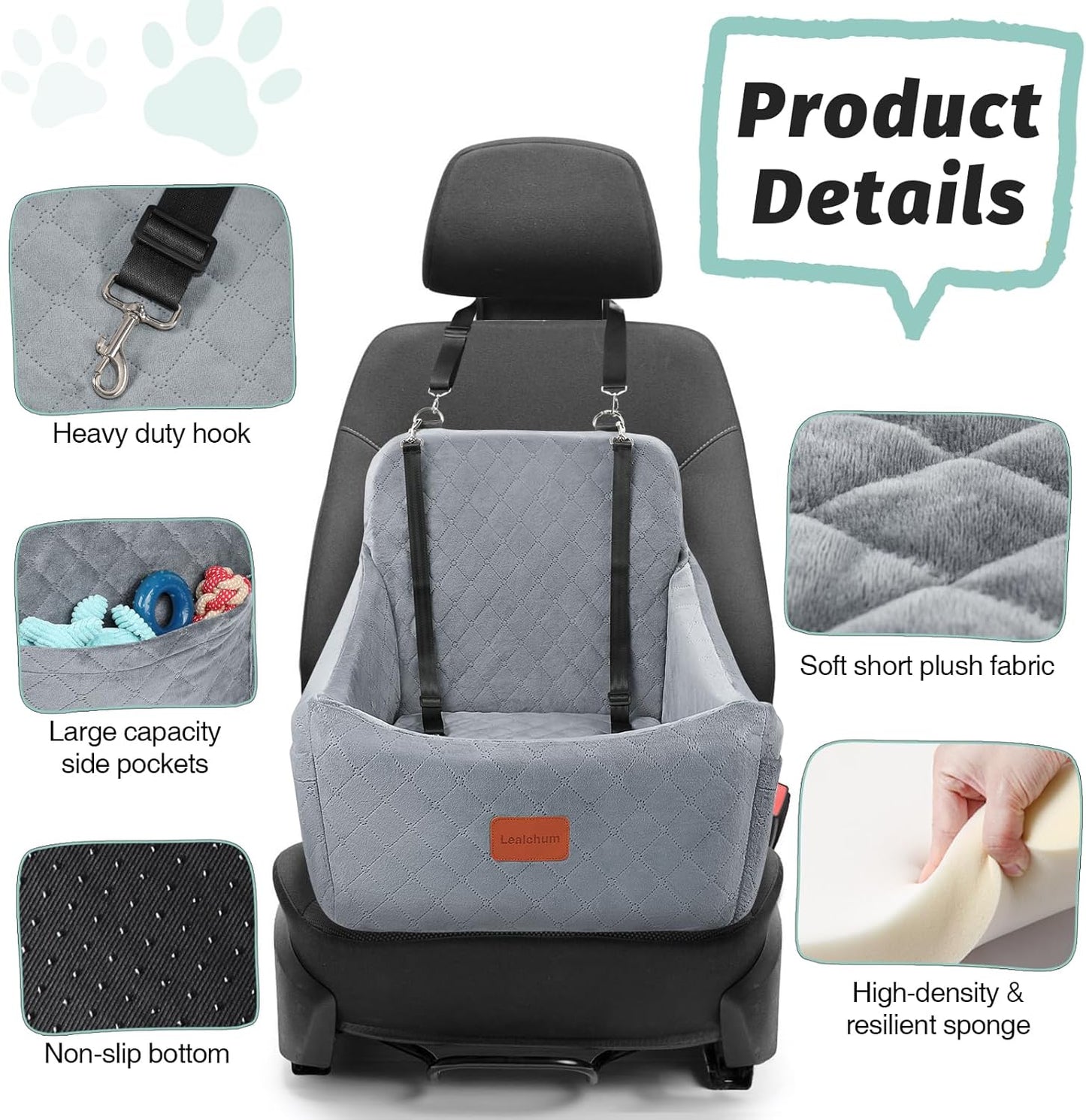 Dog Car Seat for Medium Dogs Up to 35lbs,Fully Detachable and Washable,Easy to Install with Adjustable Straps,Anti-Slip Bottom Travel Car Bed for Pets,Two Side Pockets(Grey,Medium)