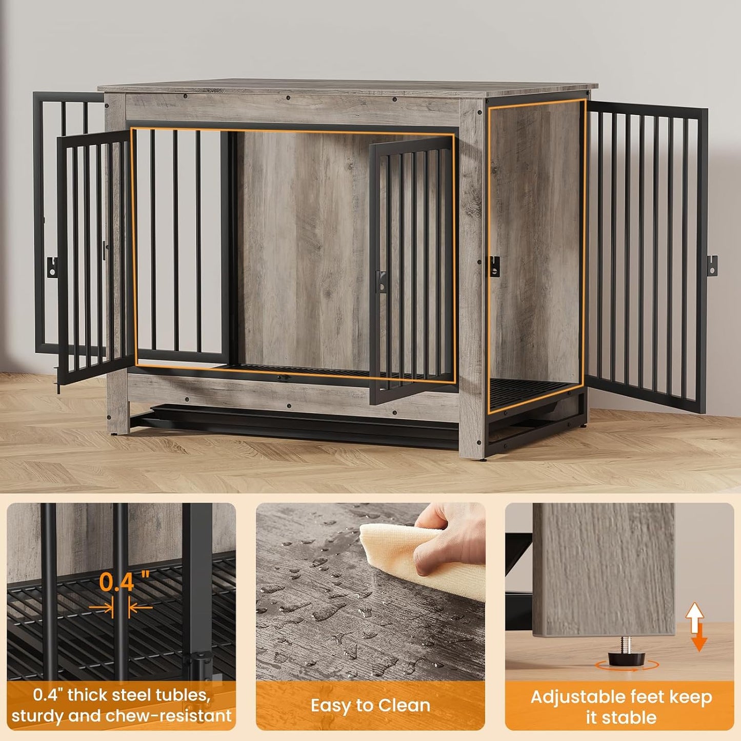 Dog Crate Furniture, Dog Crate End Table for Medium and Large Dogs,Wooden Cage Kennel Furniture Indoor, Modern Dog Crate with Multi-Purpose Removable Tray, Double-Doors Dog Furniture