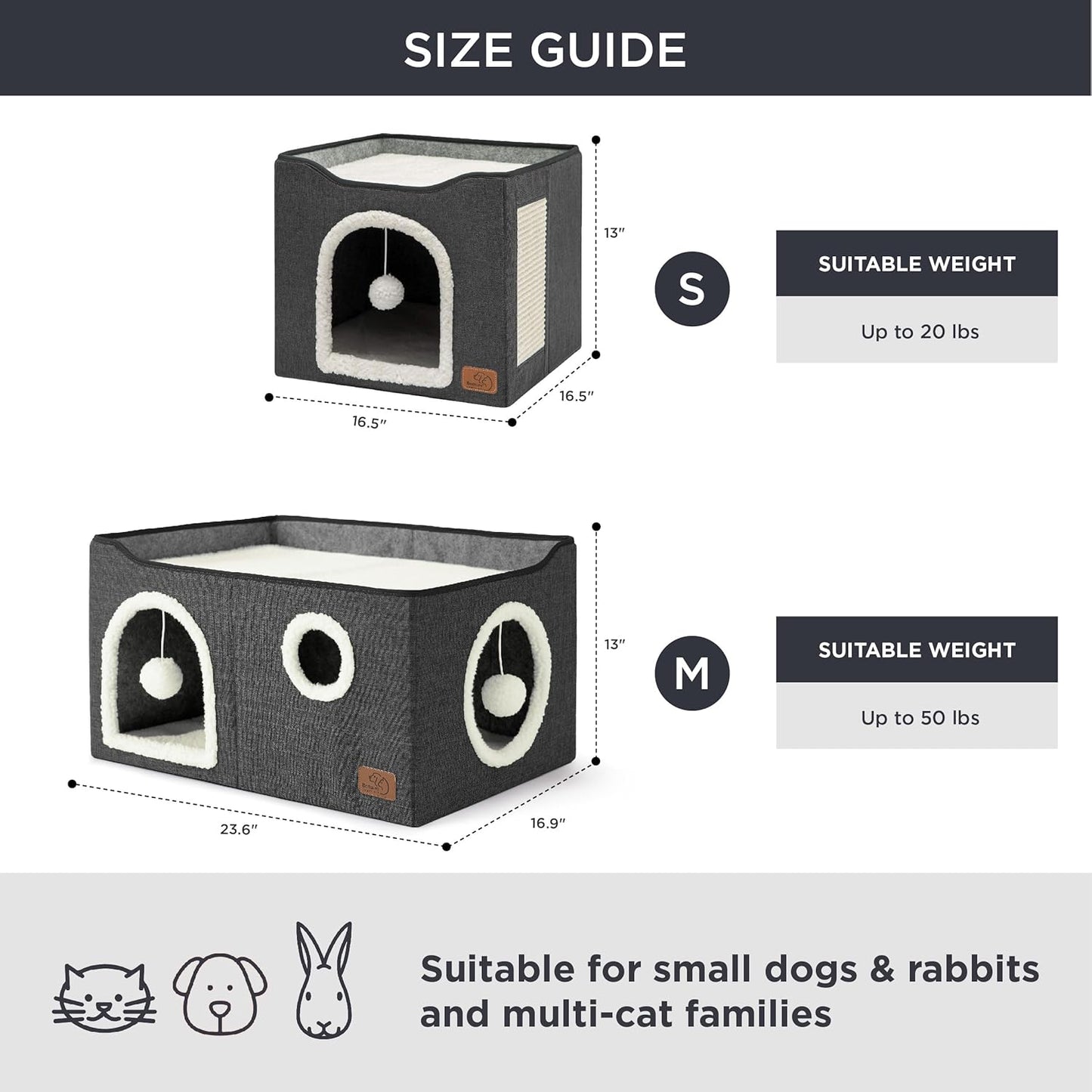 Bedsure Large Cat Beds for Indoor Cats - Extra Wide Cat Cube House for Small Pet with Fluffy Ball Hanging and Scratch Pad, Foldable Pet Cave Hideaway for Multiple Cats, 23.6x16.9x13 inches, Dark Grey