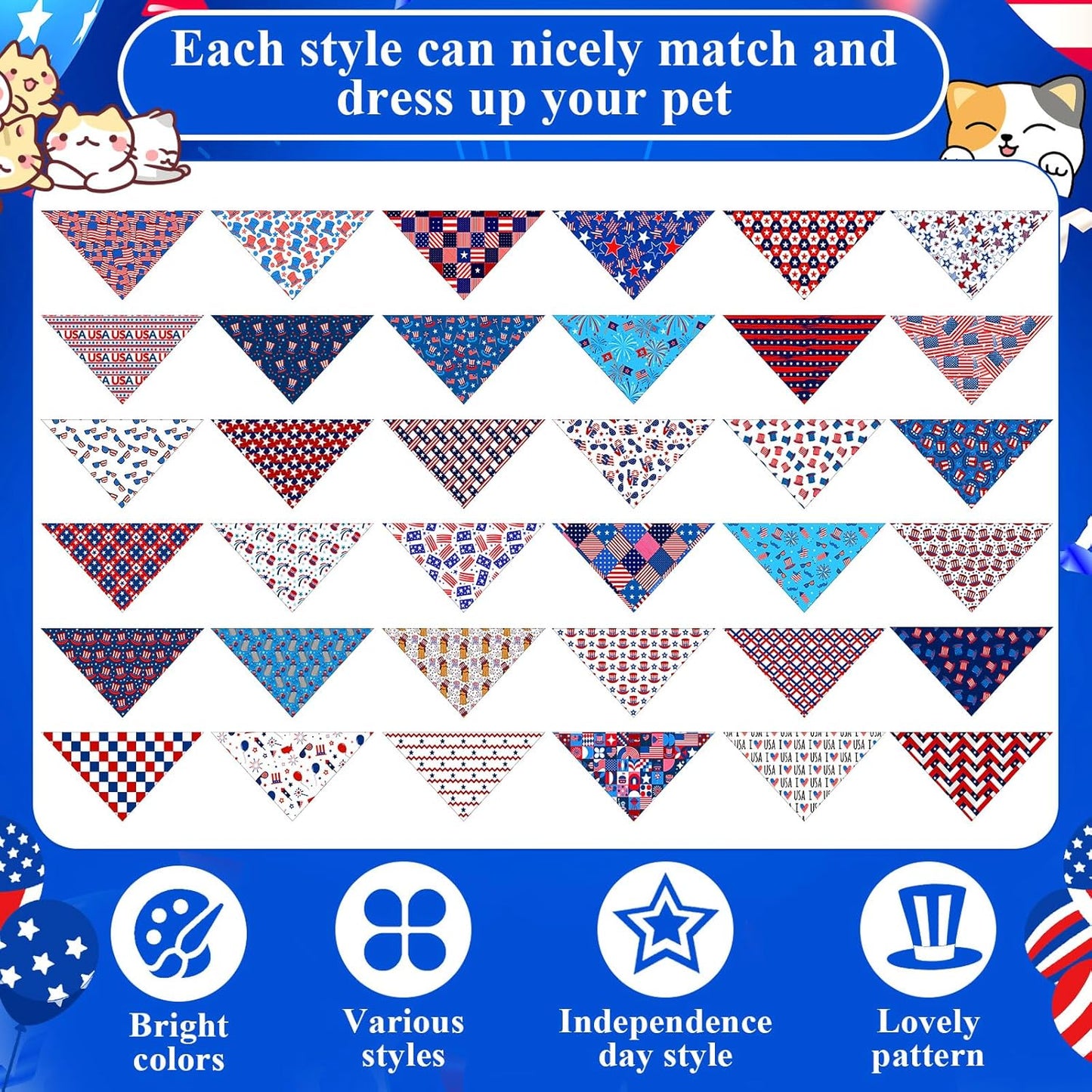 72 Pcs Veterans Day Dog Bandanas Bulk Patriotic Triangle Scarf Cat Puppy Bibs Scarf Blue White and Red Pet Bandanas for Puppy Cat Birthday Party Costume
