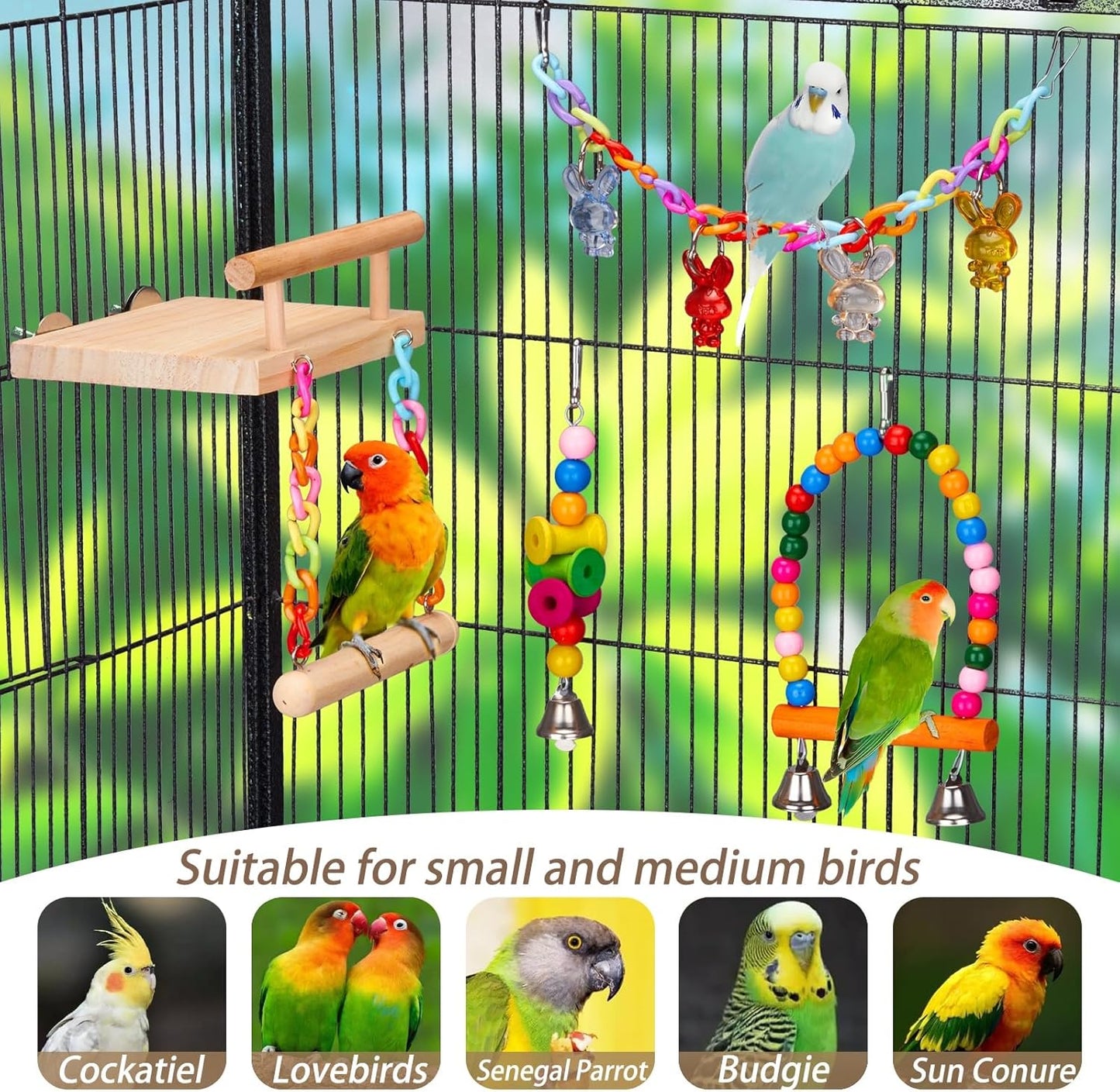11Pcs Bird Parakeet Toys Wooden Bird Platform Stands Swing Hanging Chewing Toy Parrot Climbing Ladder Colorful Bird Cage Toys for Parakeet, Conure, Cockatiel, Love Birds, Finches