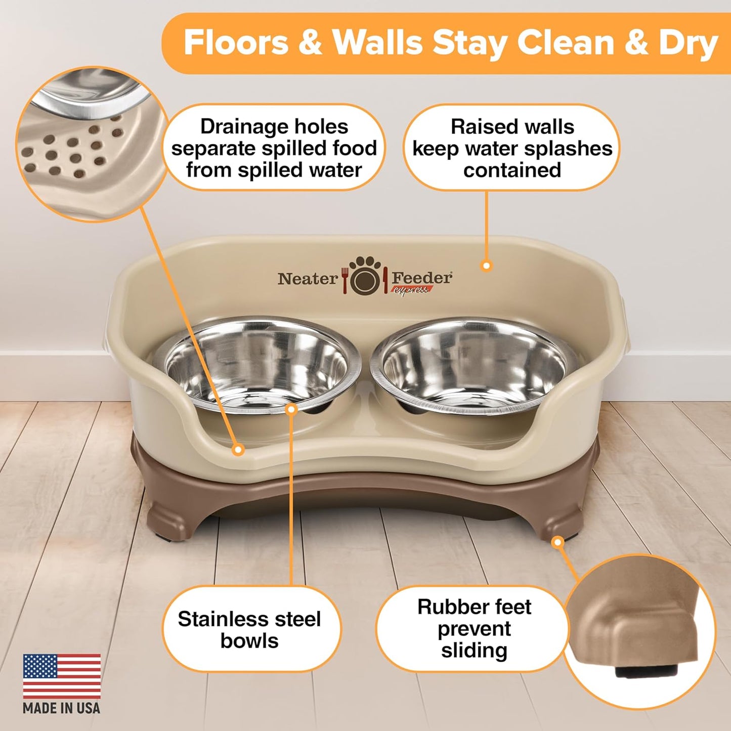 Neater Feeder Express Mess Proof Dog Bowls Elevated for Small Breeds under 15 Lb, Made in USA, No Spill Raised Dog Food Bowl Stand, Stainless Steel Food and Water Bowl Set, Feeding Station, Cappuccino