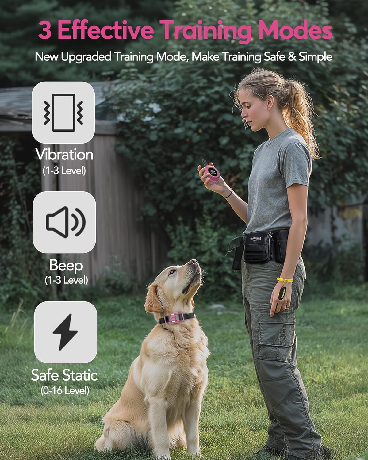 Jugbow Dog Training Collar - 3/4 Mile Remote Dog Shock Collar with 3 Training Modes, Electric Collars with LED Light & Security Lock, IPX8 Waterproof Rechargeable E-Collar for Large Medium Dogs (Pink)