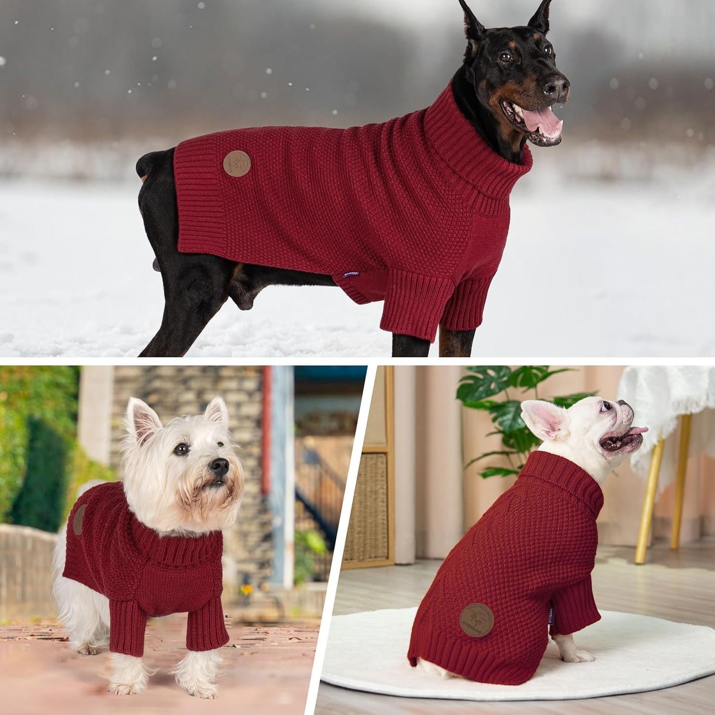 cyeollo Dog Sweater Turtleneck Soft Knitted Sweaters with Leash Hole Warm Cozy Dog Clothes for Large Dogs, Burgundy 2XL