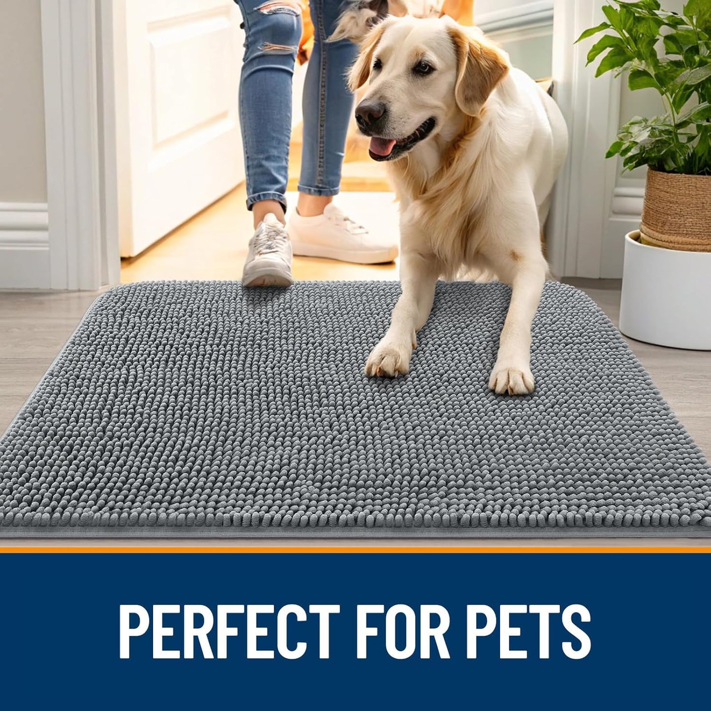OLANLY Dog Door Mat for Muddy Paws 59x32, Absorbs Moisture and Dirt, Absorbent Non-Slip Washable Doormat, Quick Dry Chenille Mud Mat for Dogs, Entry Indoor Entryway Carpet for Inside Floor, Grey