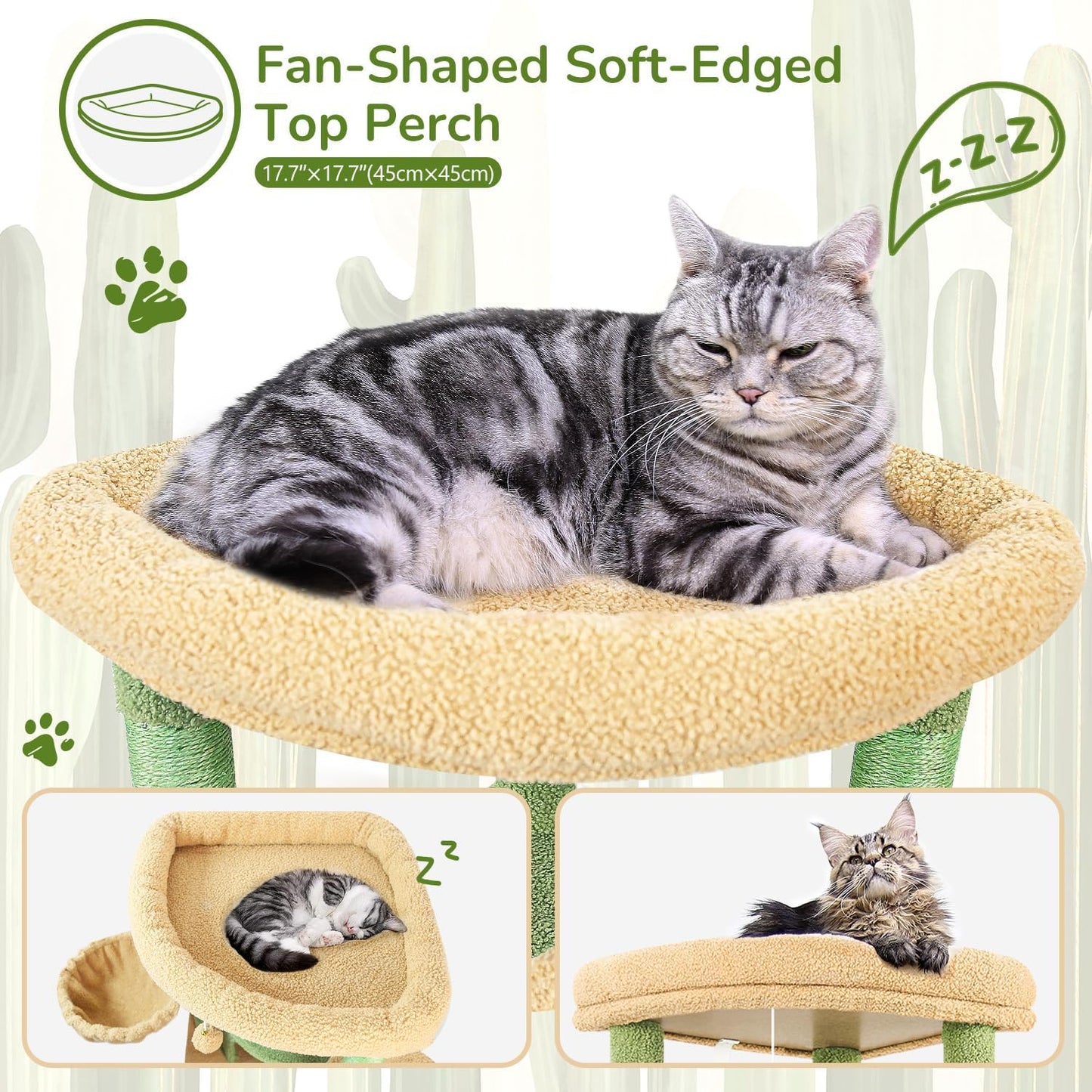 Globlazer Cactus Corner Cat Tree Tower with Scratching Post for Indoor Cats, 51in Multi-Level Cat Condo Tower with Large Hammock, Fan-Shaped Padded Perch, Spacious Cat Cave, Hanging Basket, C51, Green