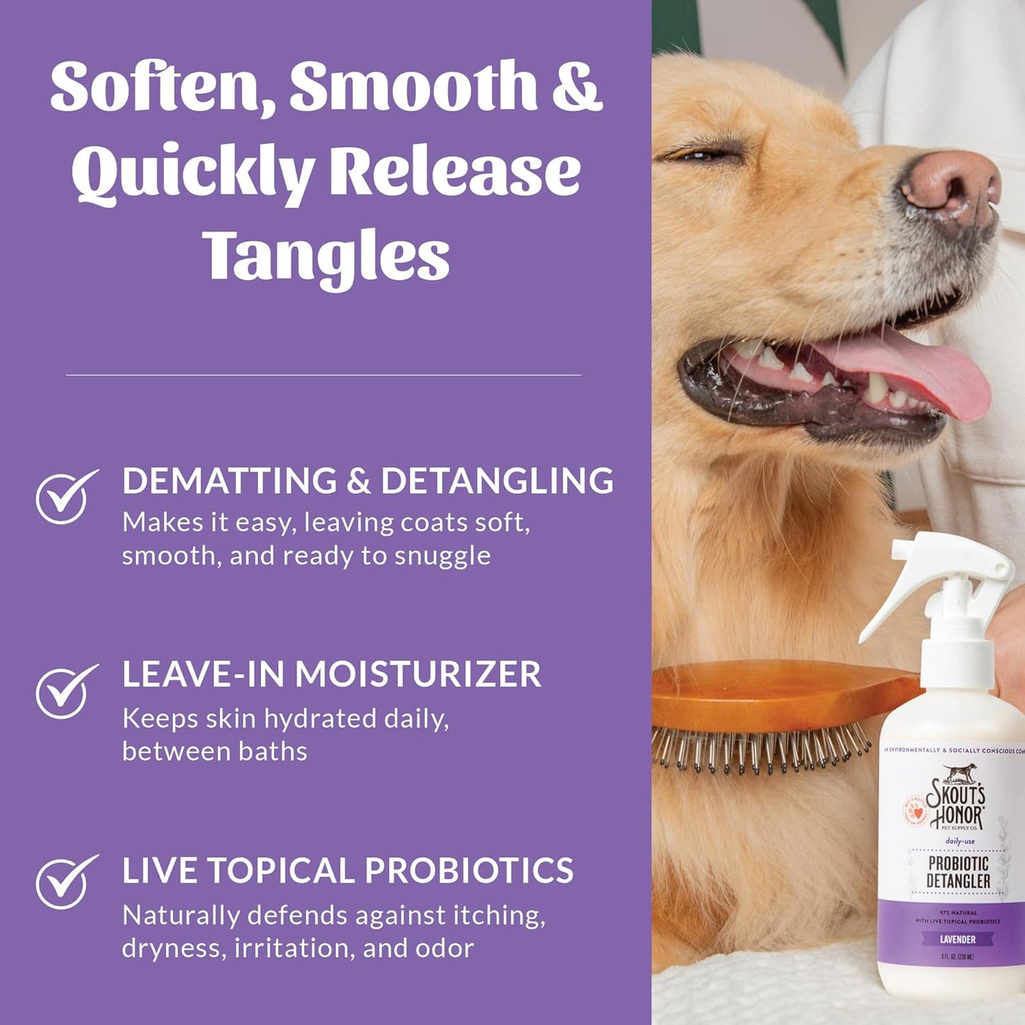 Skout's Honor Pet Detangler Spray - Hydrating & Conditioning with Avocado Oil & Probiotics, 97% Natural, Paraben & Sulfate-Free, softens for a More brushable Coat, Daily Use, 8oz, Lavender