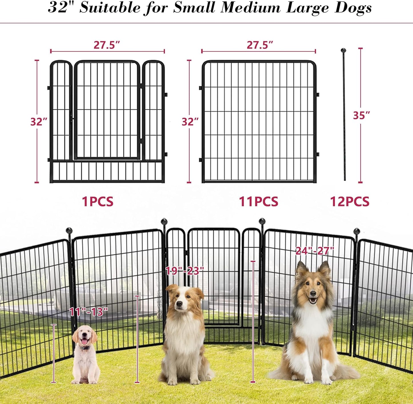 Dog Playpen 32 inch 12 Panels Indoor Dog Pen for Medium/Small Dogs Heavy Duty Metal Dog Fence Outdoor for Yard, Puppy Playpen with Door Portable Pet Fence for RV Camping Yard